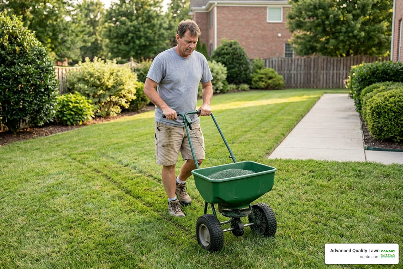 lawn spreader in use on residential yard