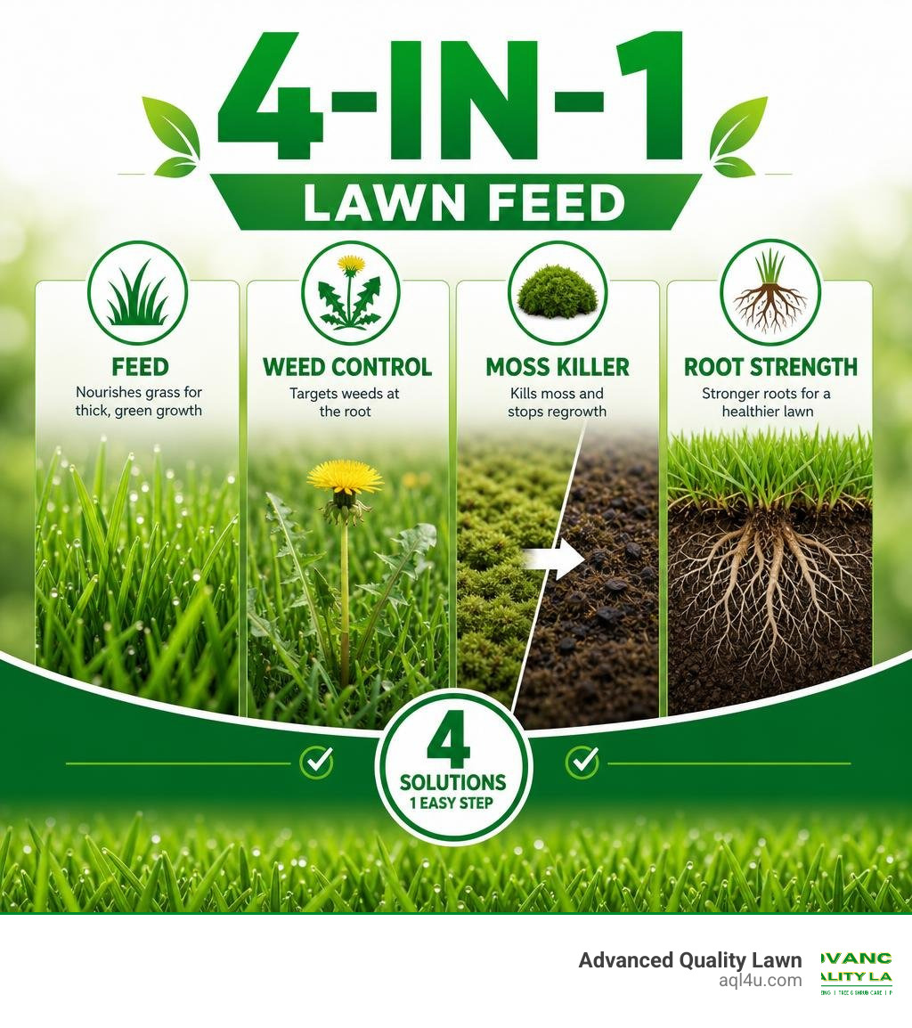 Infographic showing the four functions of 4 in one lawn feed: feed, weed control, moss killer, root strength infographic