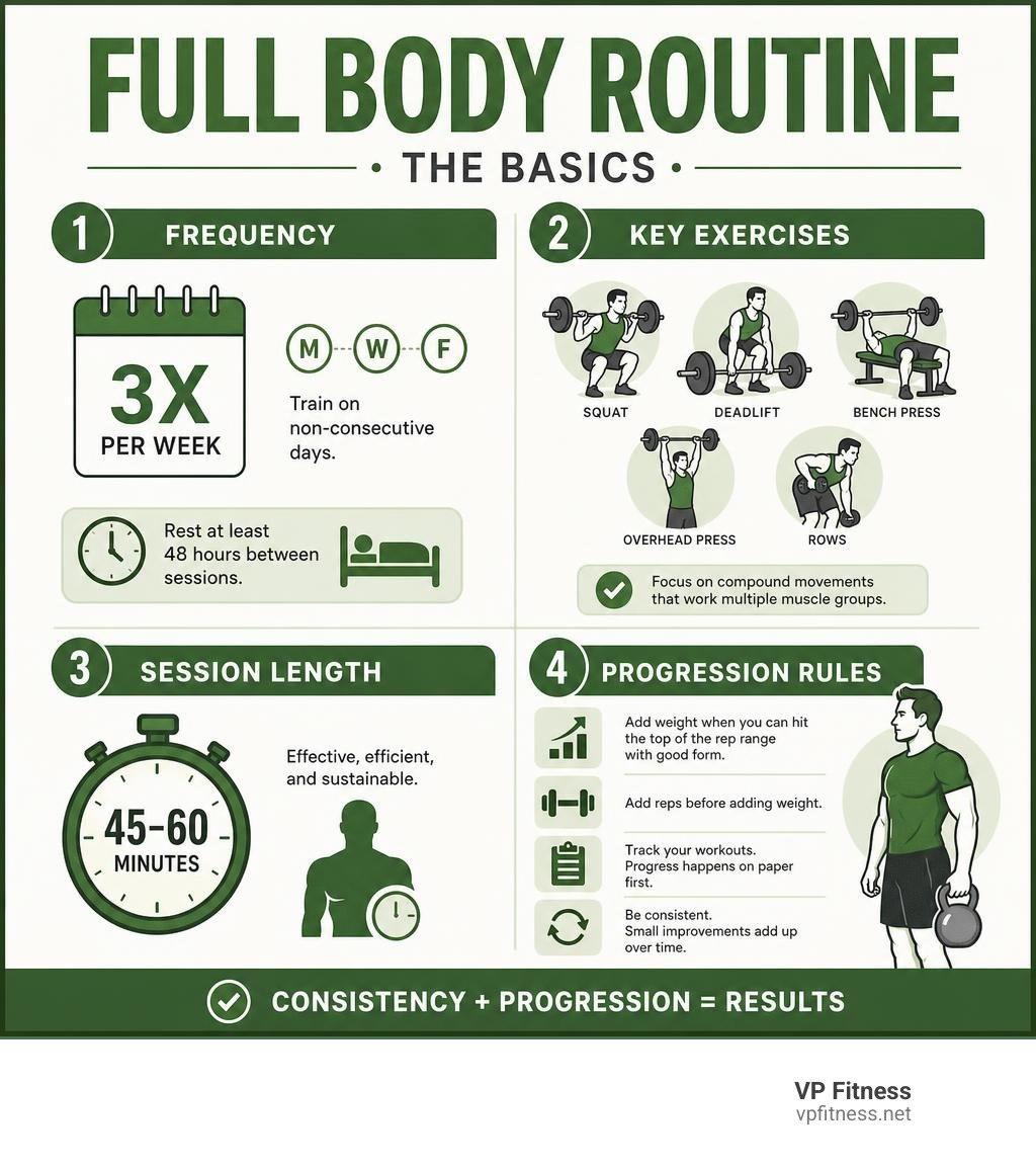 Infographic showing full body routine basics: frequency, key exercises, session length, and progression rules infographic