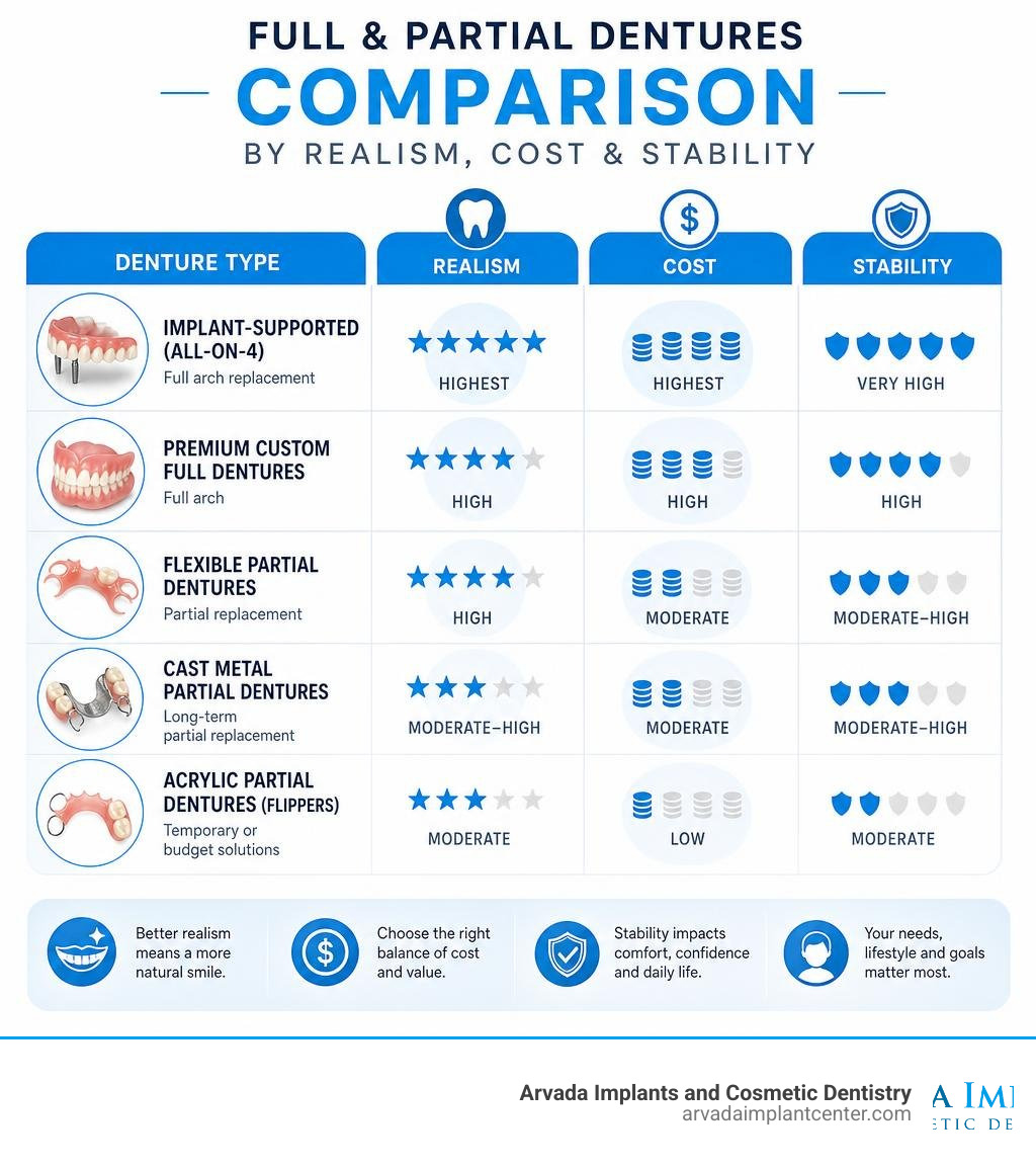 Comparison infographic of full and partial denture types by realism, cost, and stability infographic
