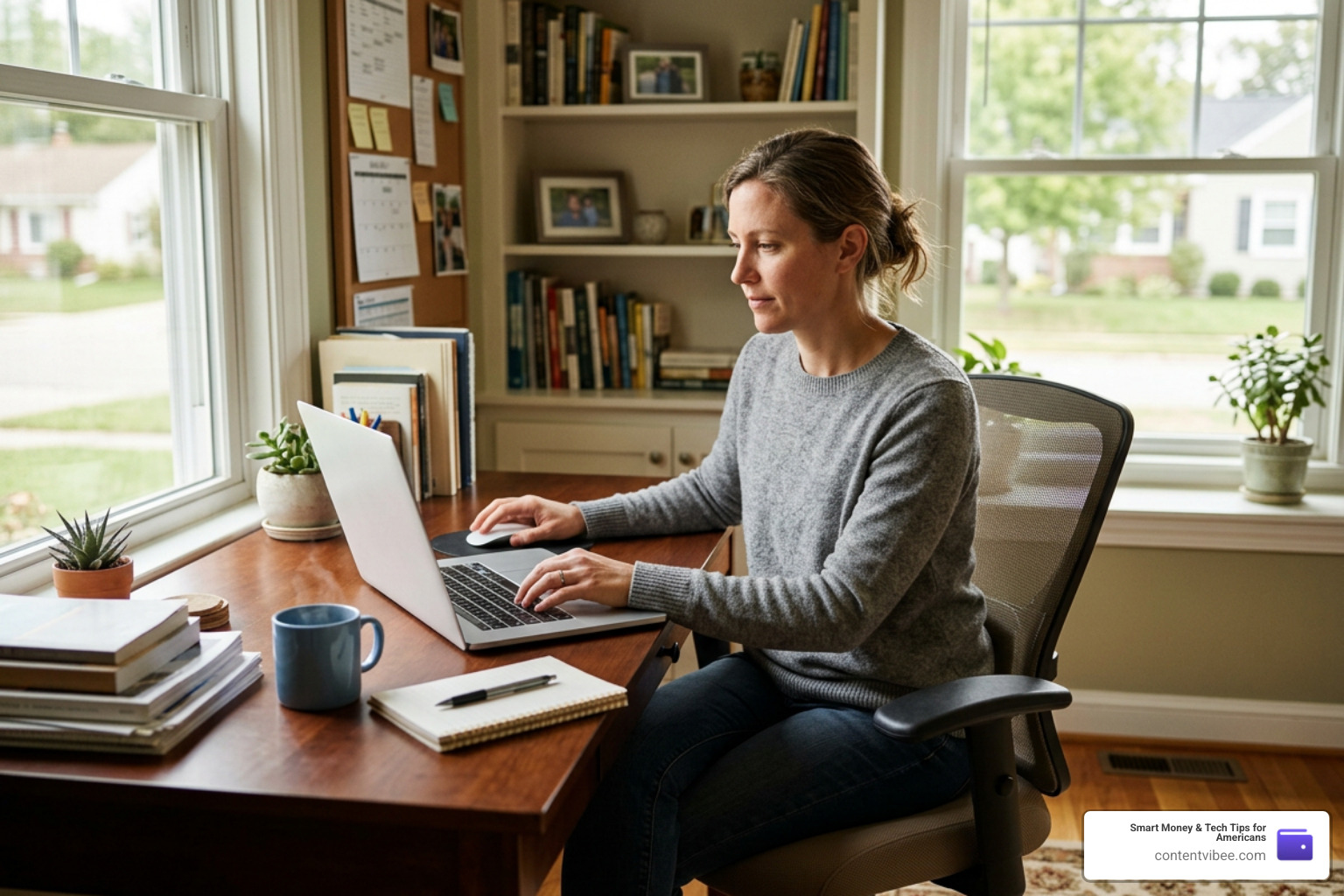 A self-employed person working on a laptop at home