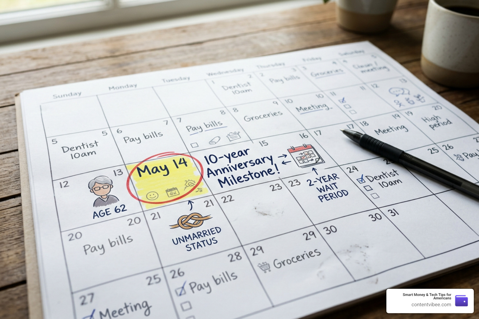IMAGE of a calendar highlighting a ten-year milestone; 10-year marriage rule; age 62 requirement; unmarried status; 2-year