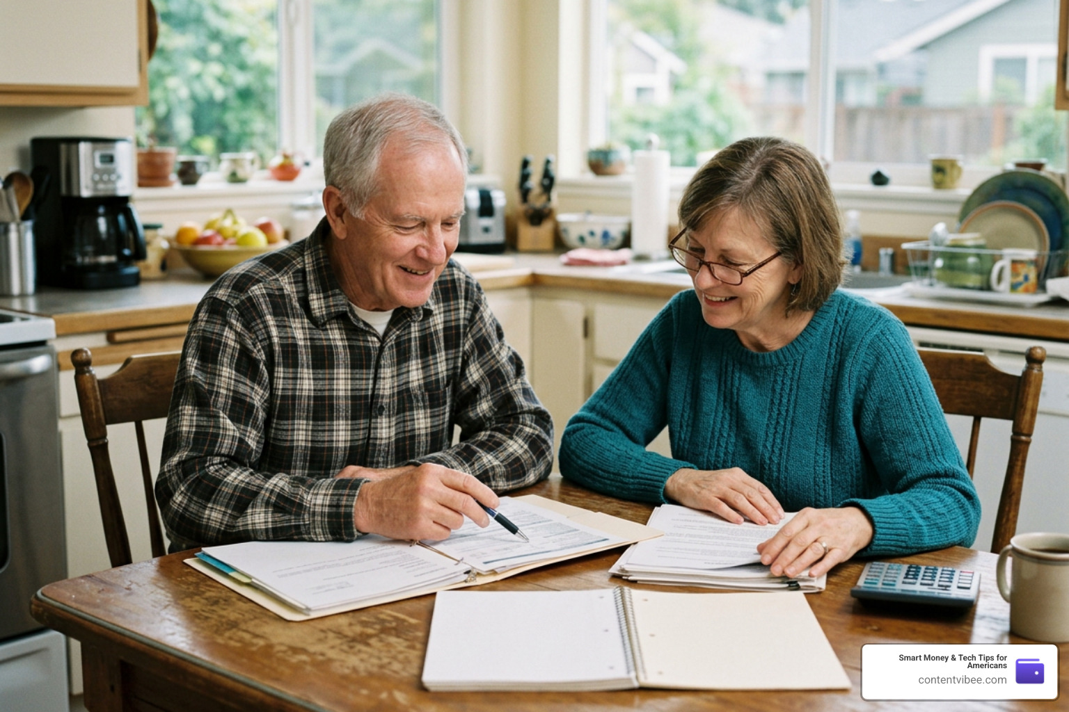 Senior couple smiling and reviewing their retirement plans