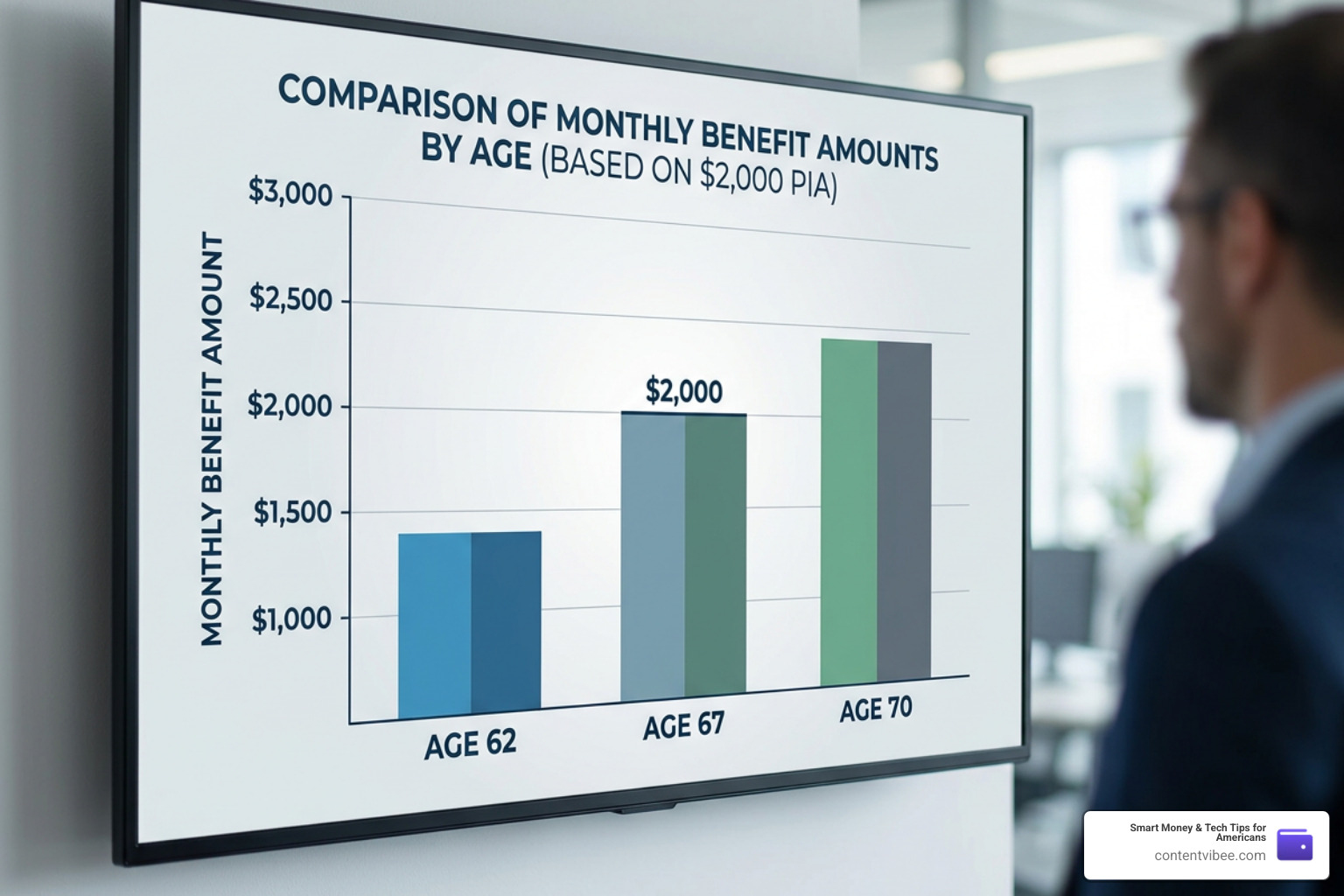 Graph comparing monthly benefit amounts at ages 62, 67, and 70 based on a $2,000 PIA