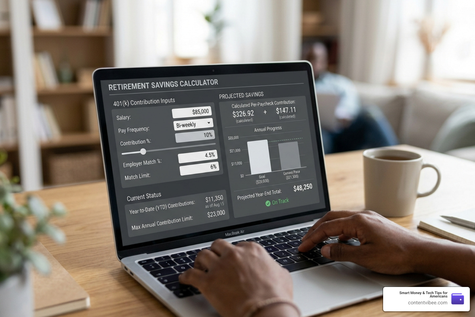 Digital 401k calculator interface showing contribution pacing