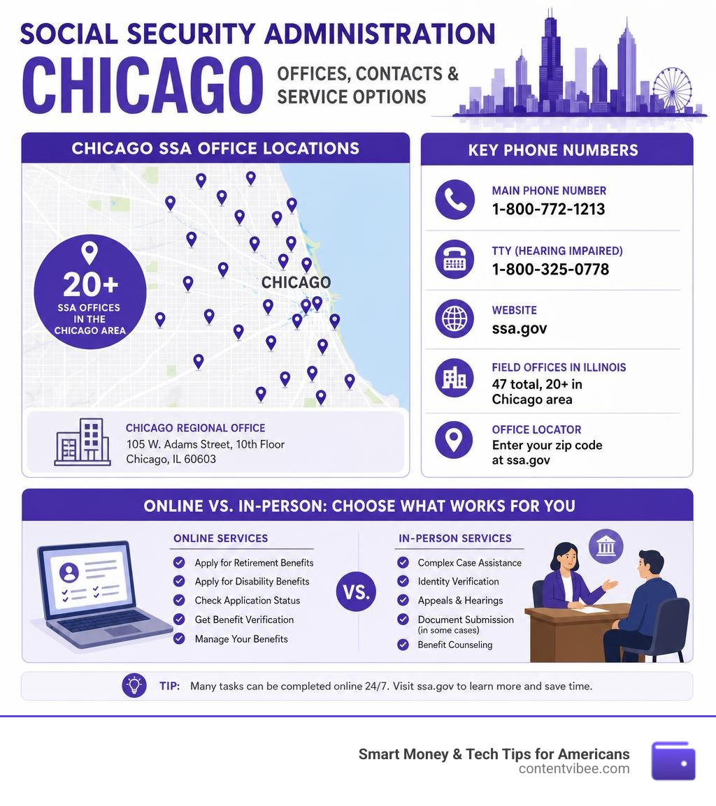 Infographic showing Chicago SSA office locations, key phone numbers, and online vs in-person service options infographic