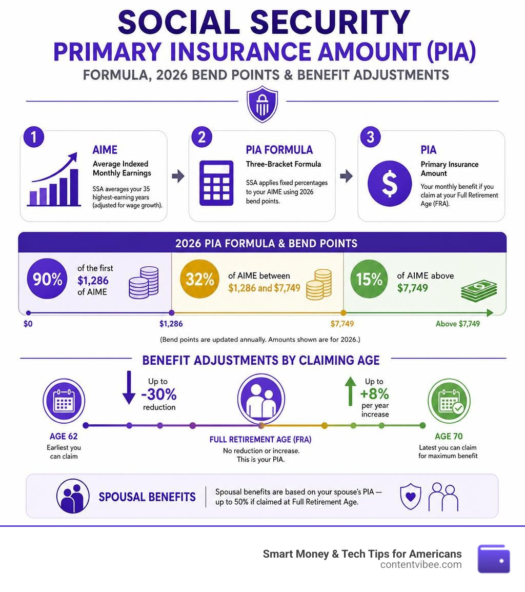 Infographic showing PIA formula with AIME, 2026 bend points, and benefit adjustments by claiming age infographic