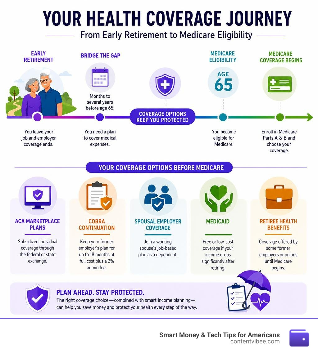 Timeline from early retirement to Medicare eligibility with coverage options infographic