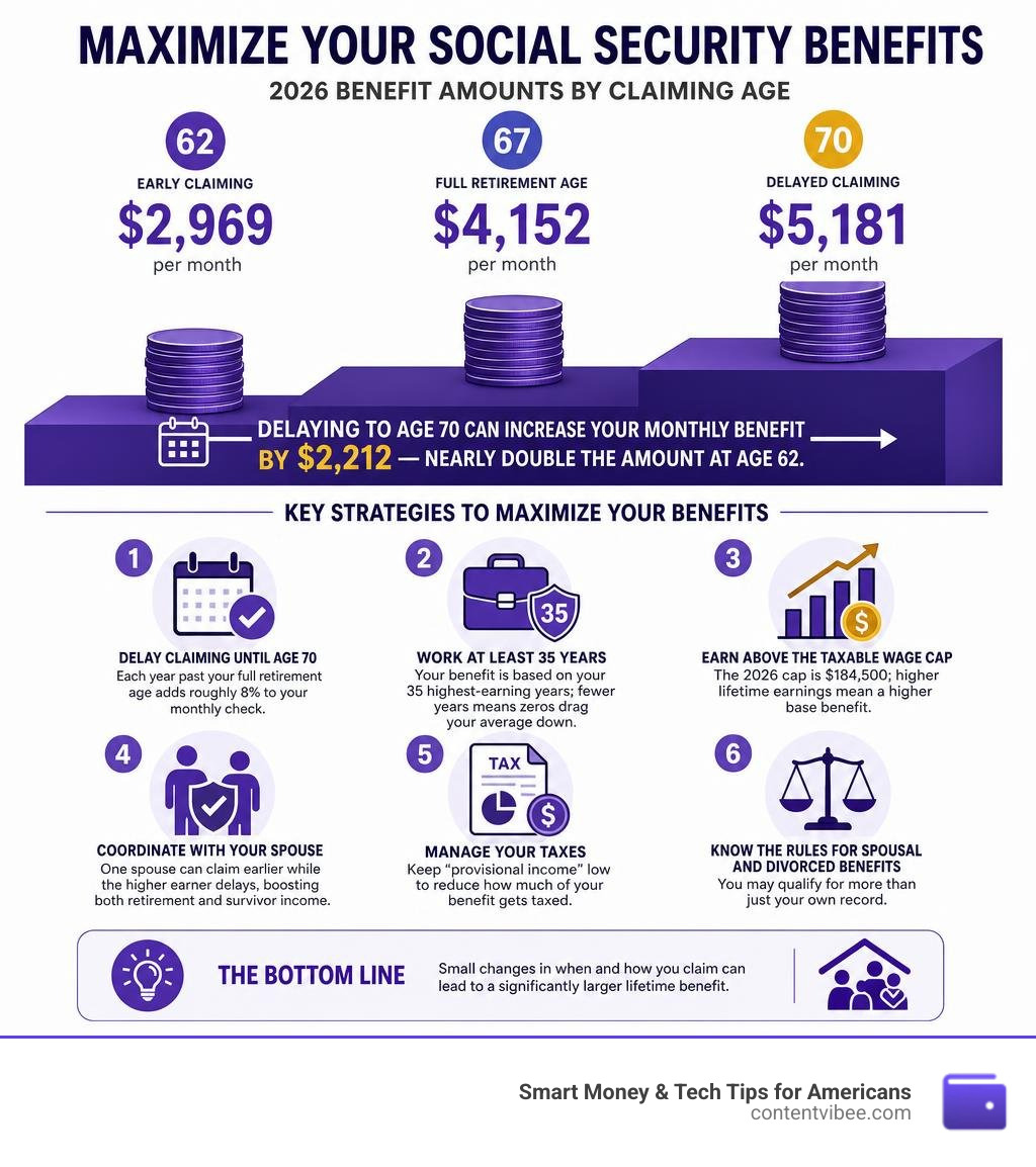 Infographic showing Social Security benefit amounts at ages 62, 67, and 70 in 2026 with key maximizing strategies infographic