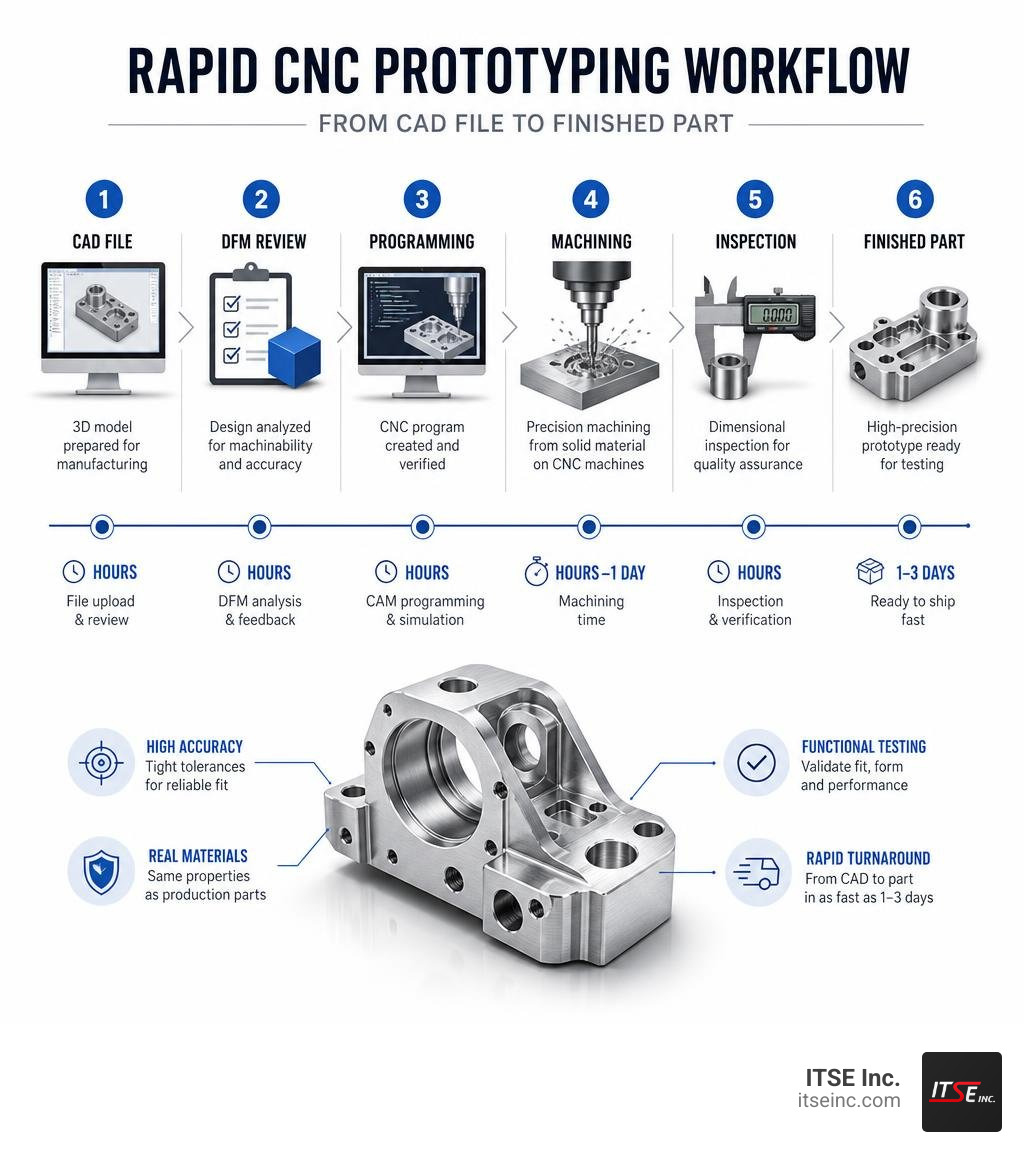 Rapid prototyping workflow from CAD file to finished CNC machined part with key steps and timeline infographic