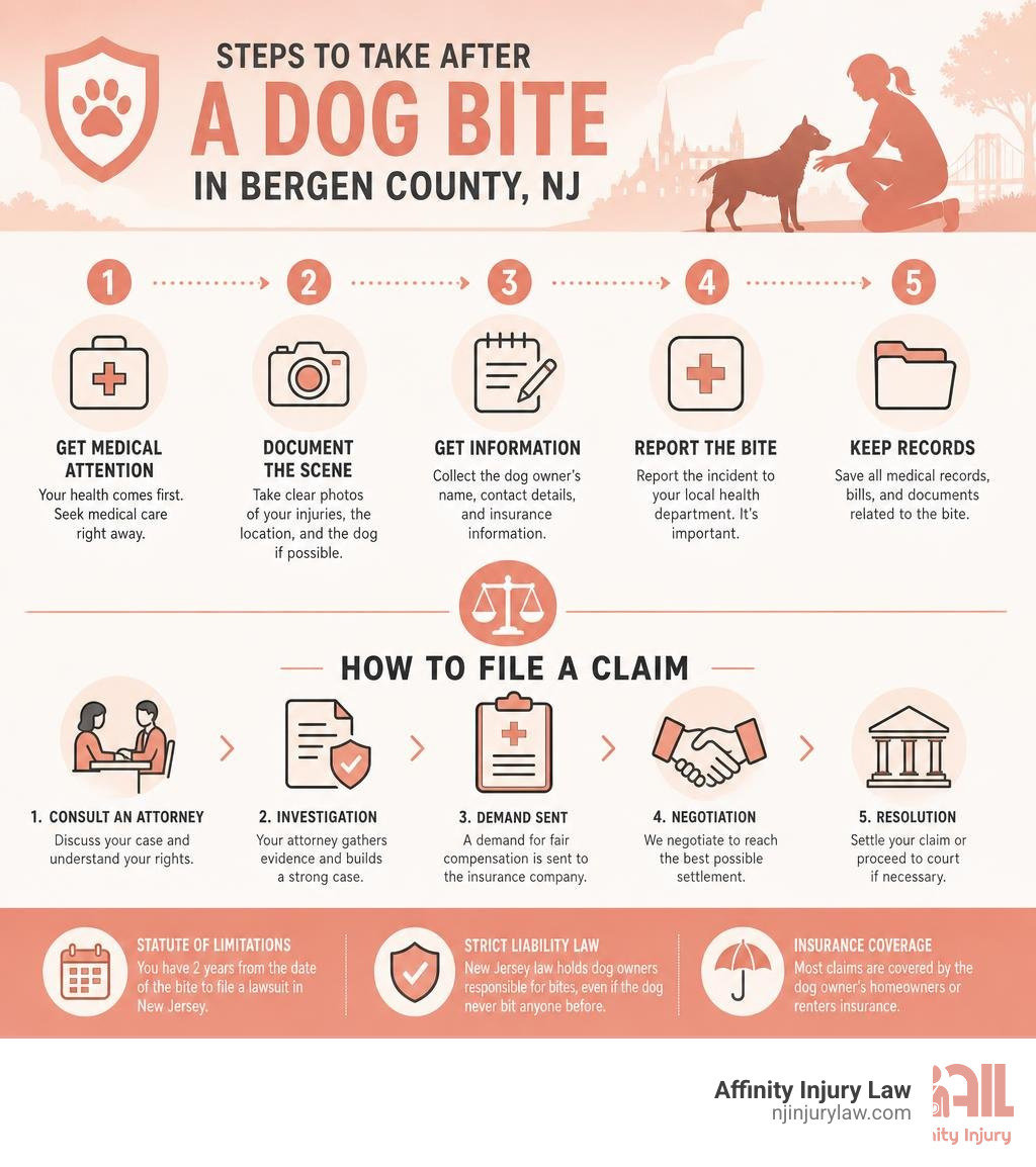 Steps to take after a dog bite in Bergen County NJ and how to file a claim infographic Steps to take after a dog bite in Bergen County NJ and how to file a claim infographic