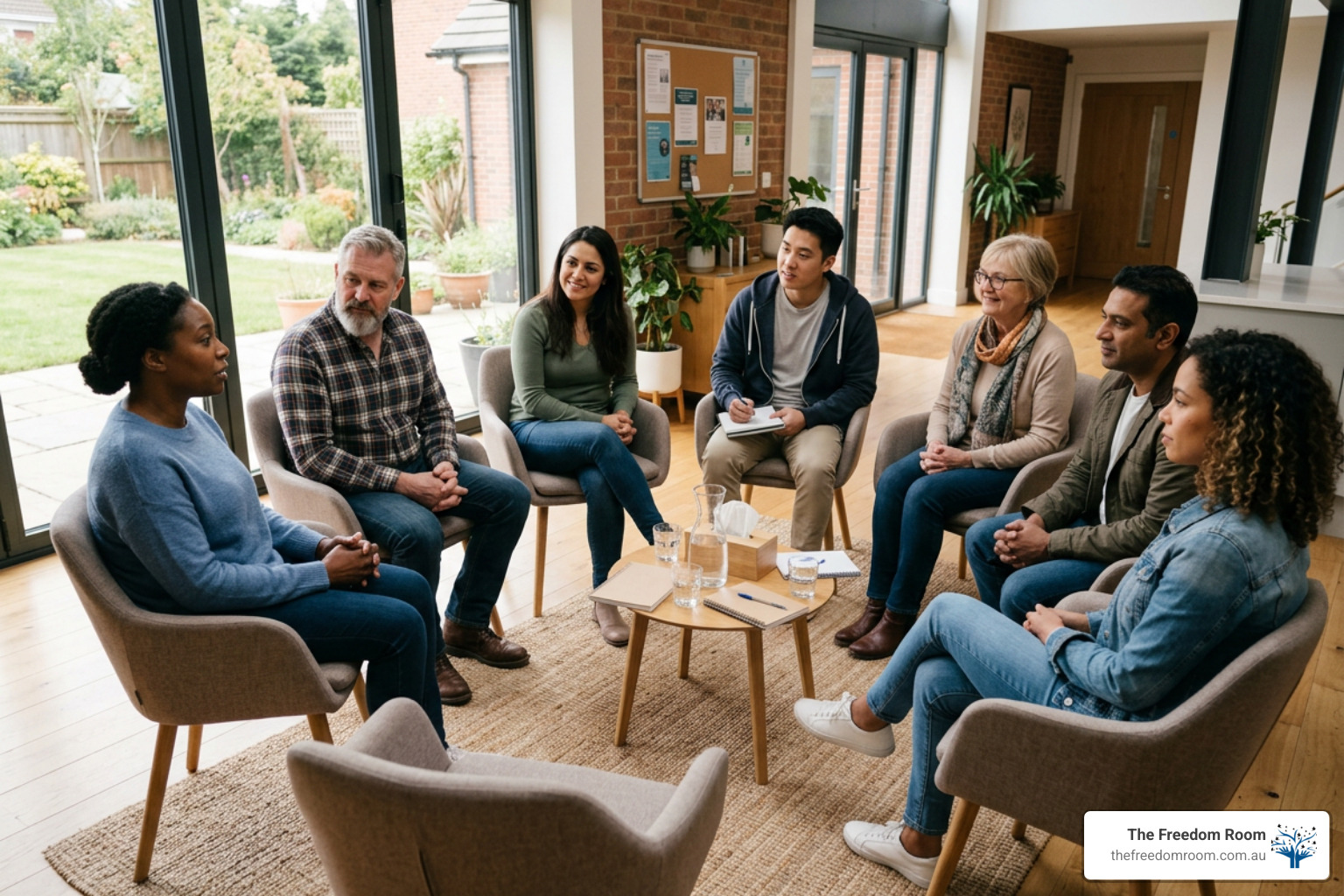 An Australian peer support group discussing brain health and alcohol recovery in a modern community centre
