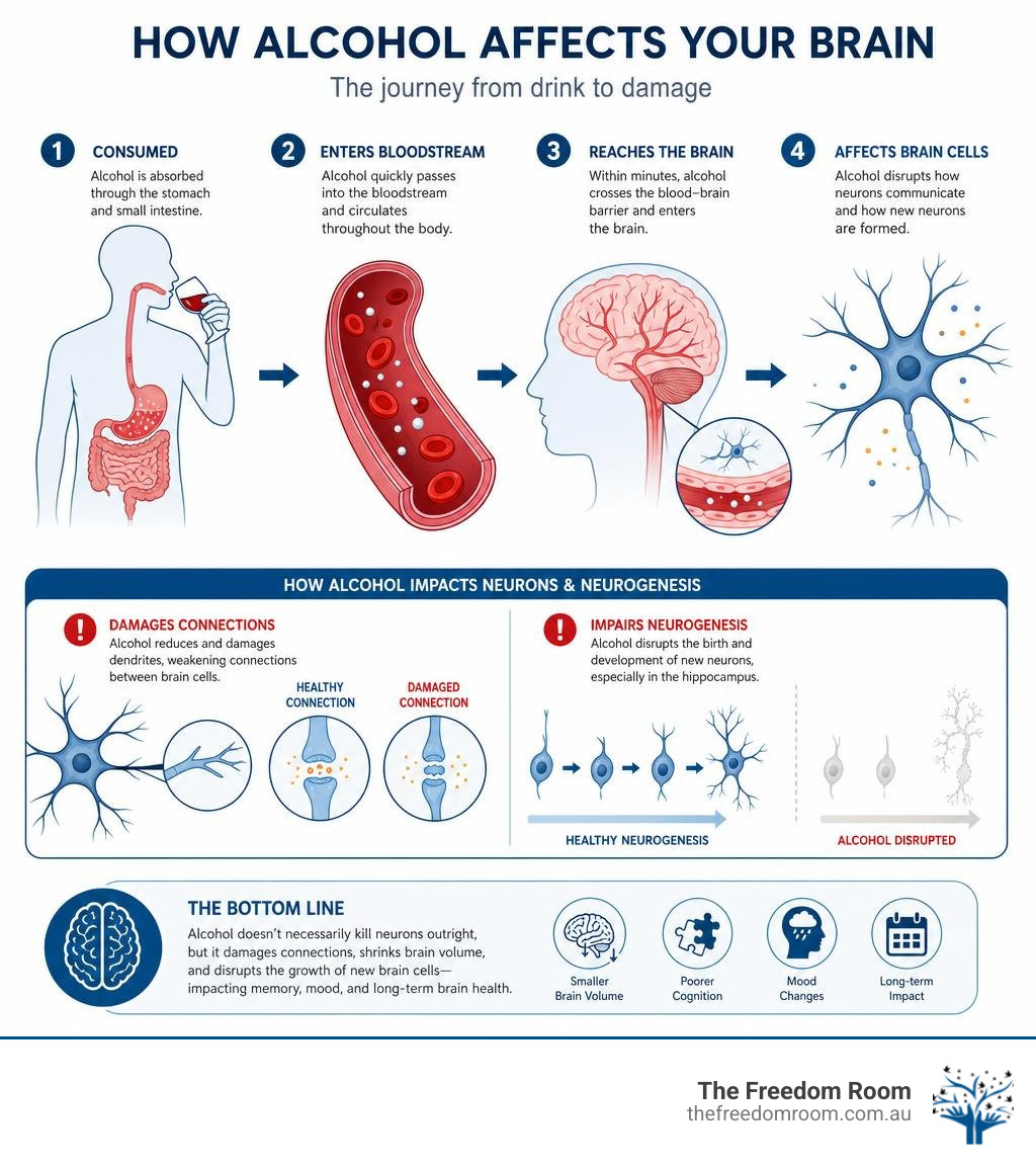 How alcohol enters the bloodstream, reaches the brain, and affects neurons and neurogenesis infographic