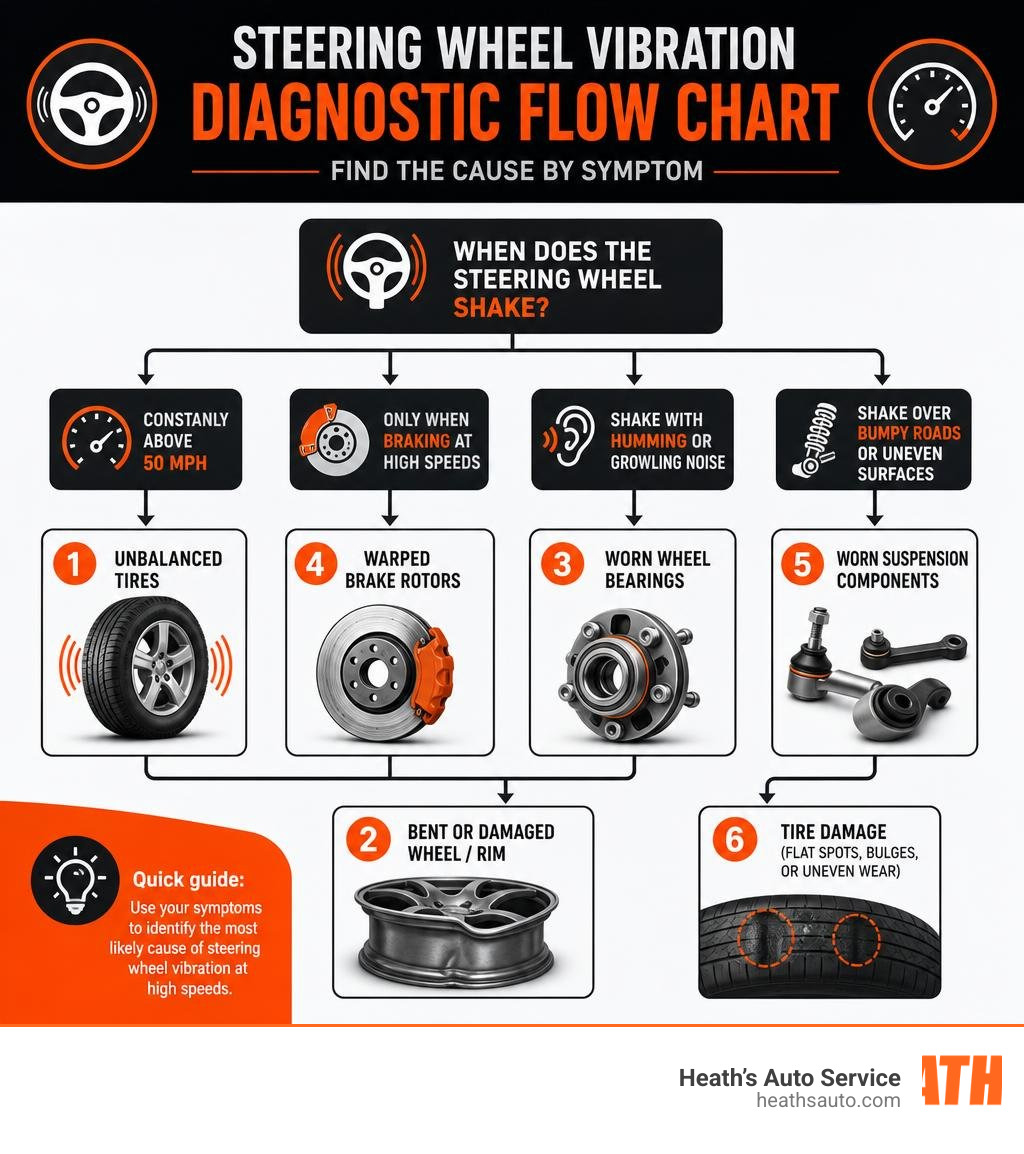 Diagnostic flow chart showing causes of steering wheel vibration at high speeds by symptom infographic Diagnostic flow chart showing causes of steering wheel vibration at high speeds by symptom infographic