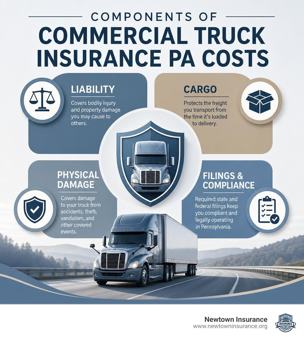 Components of commercial truck insurance PA costs including liability, cargo, physical damage, and filings infographic Components of commercial truck insurance PA costs including liability, cargo, physical damage, and filings infographic