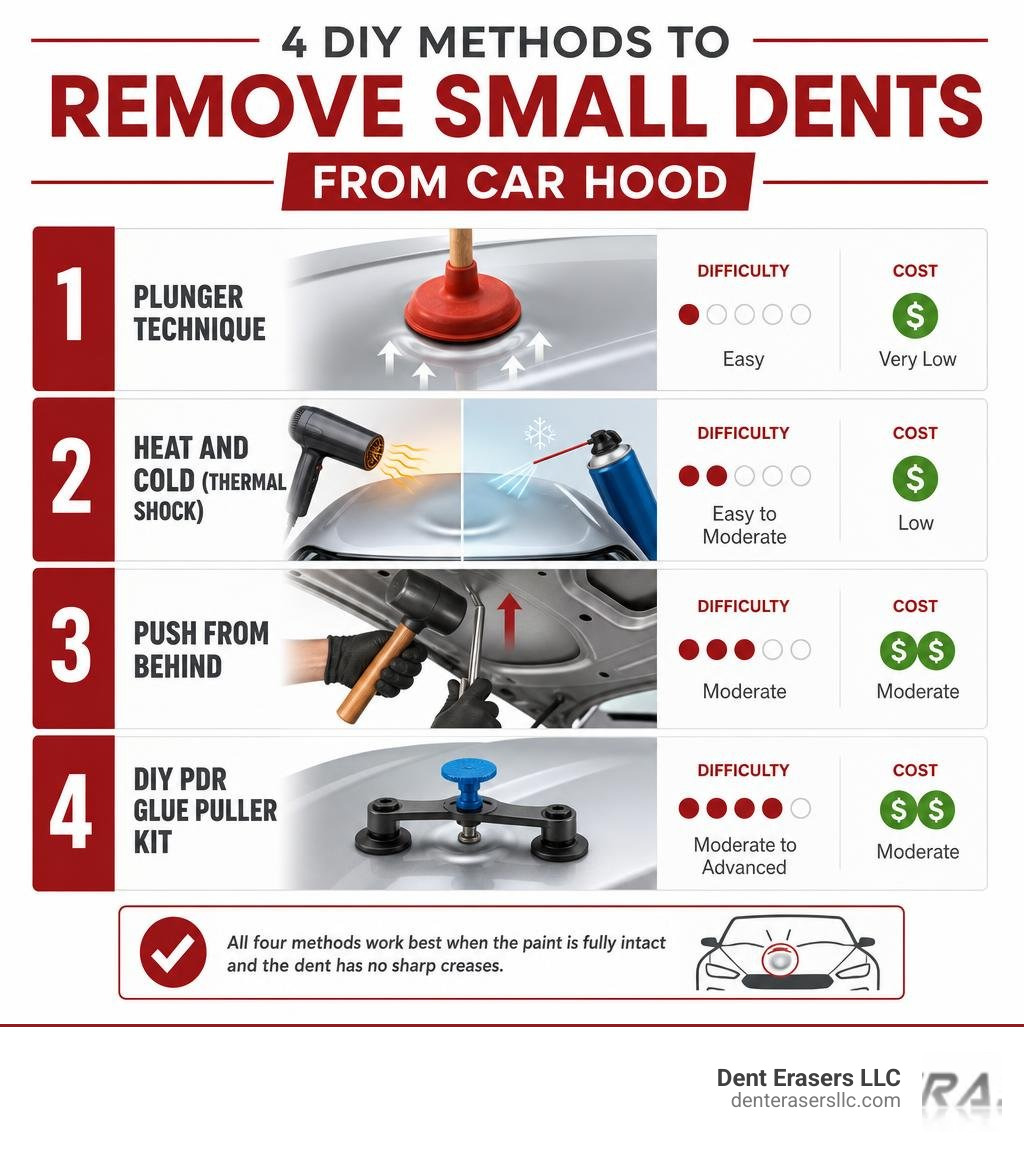 Infographic showing 4 DIY methods to remove small dents from car hood with difficulty and cost ratings infographic Infographic Showing 4 Diy Methods To Remove Small Dents From Car Hood With Difficulty And Cost Ratings Infographic