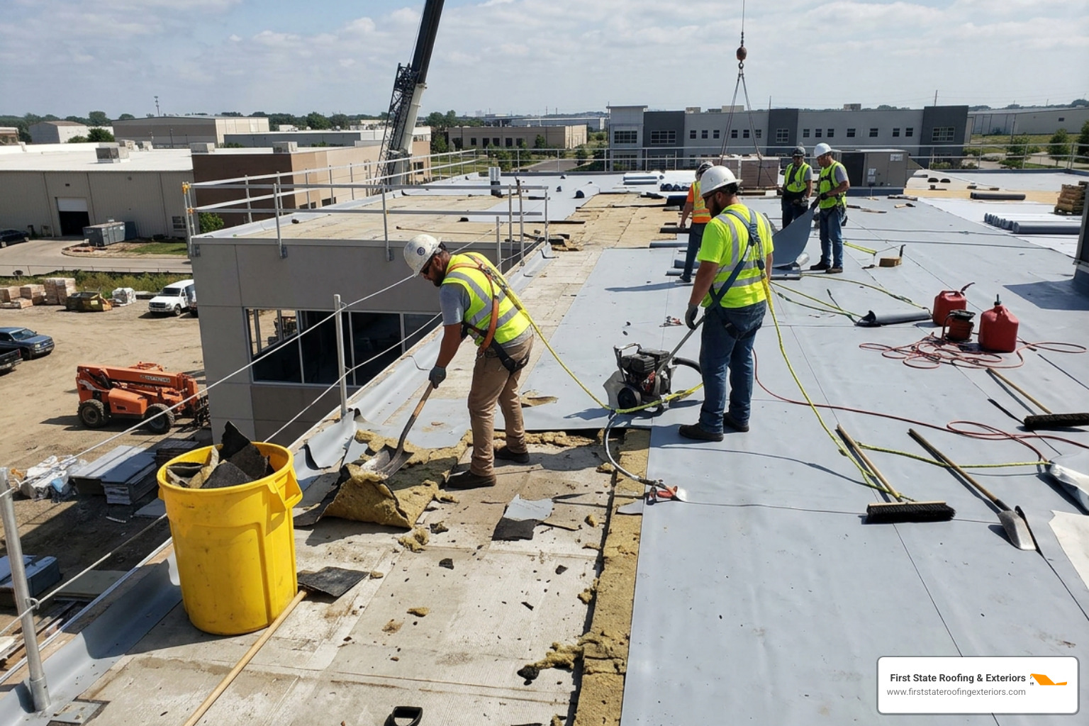 Commercial flat roof tear-off in progress with crew members wearing proper OSHA safety harnesses and fall protection gear