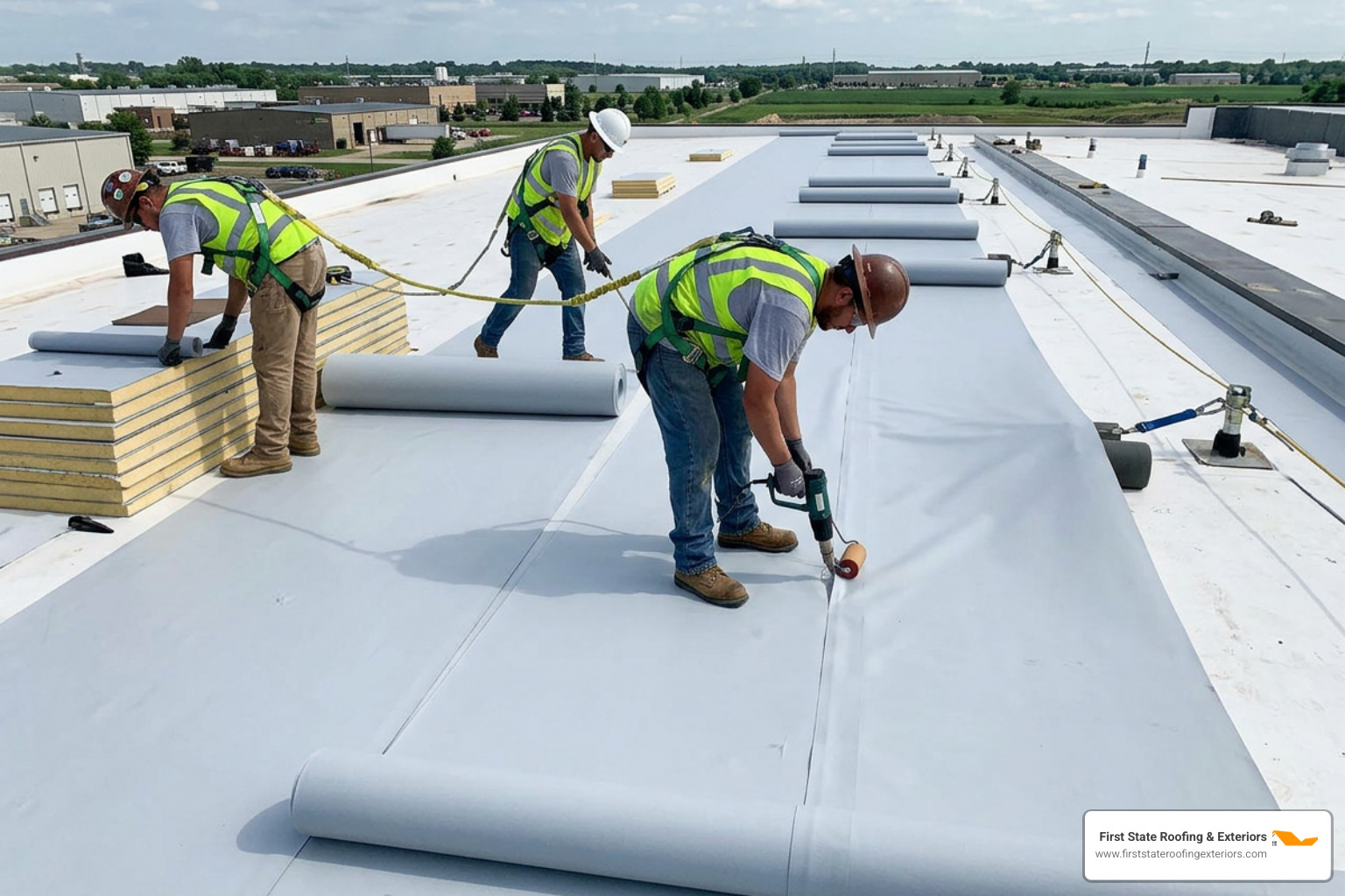 Professional commercial roofing crew installing a single-ply membrane with workers wearing OSHA-required safety harnesses