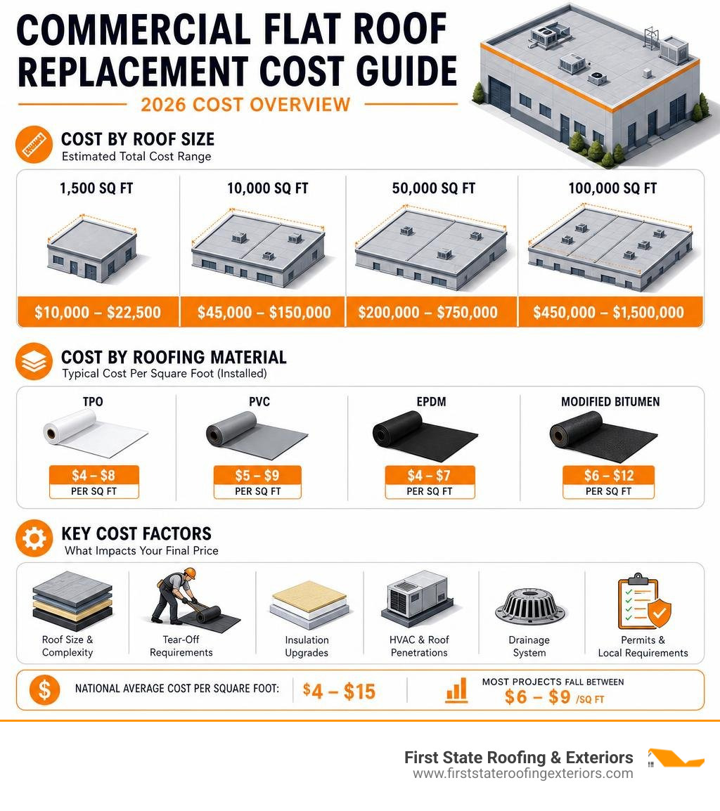Infographic showing commercial flat roof replacement cost ranges by size, material, and key cost factors infographic