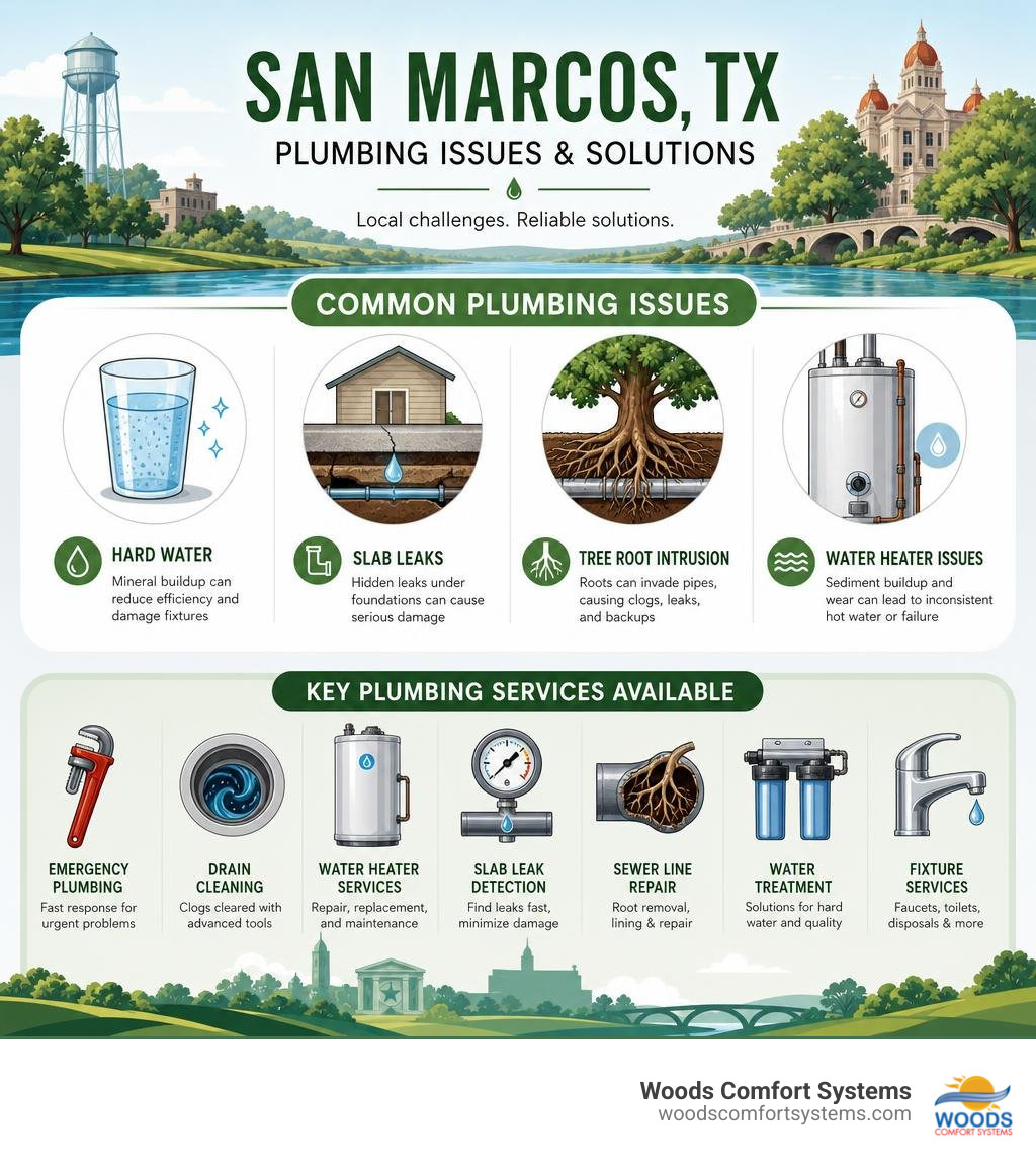 Infographic showing common San Marcos, TX plumbing issues including hard water, slab leaks, tree root intrusion, and key Infographic showing common San Marcos, TX plumbing issues including hard water, slab leaks, tree root intrusion, and key