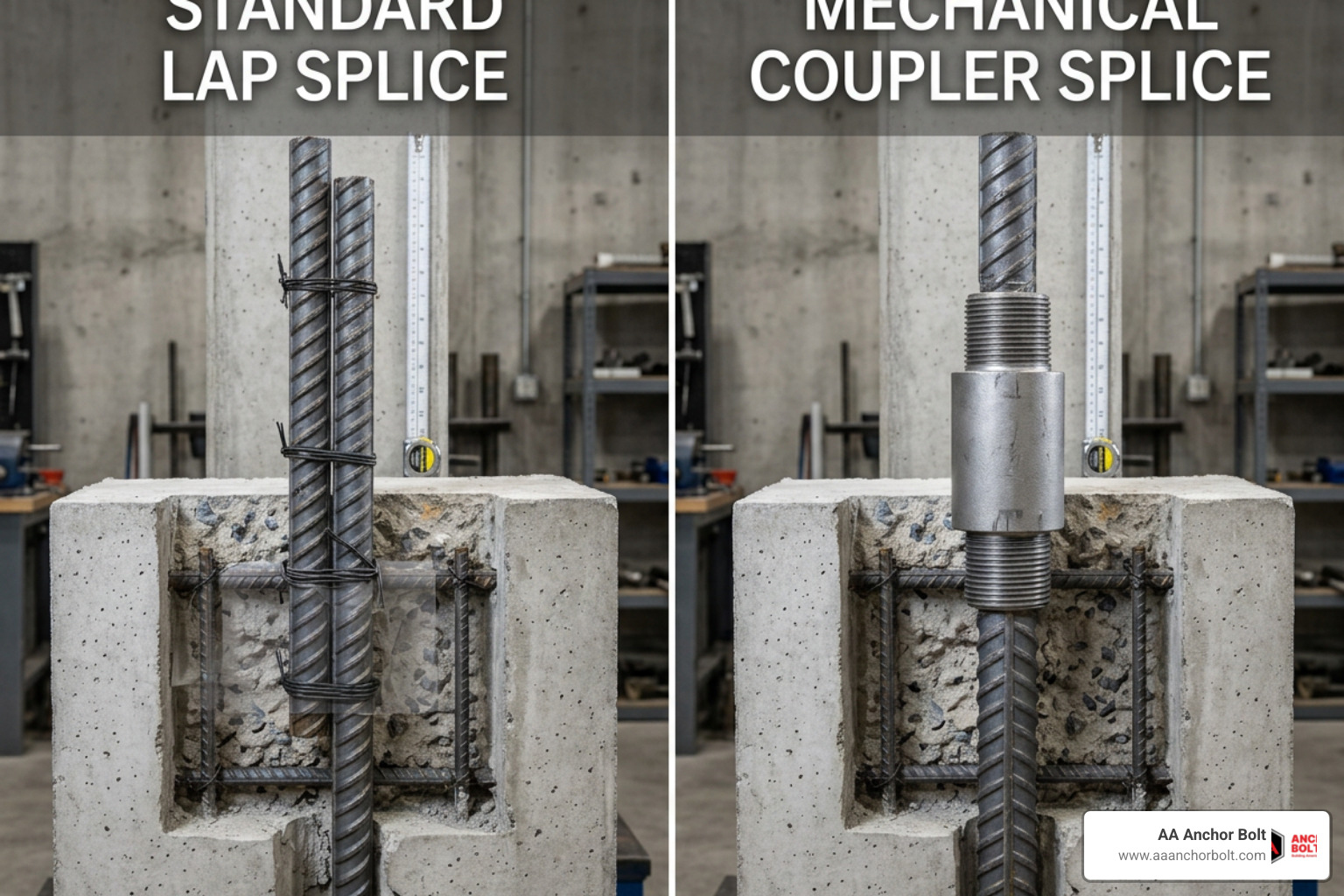 Comparison diagram of a standard lap splice and a mechanical coupler splice Comparison diagram of a standard lap splice and a mechanical coupler splice