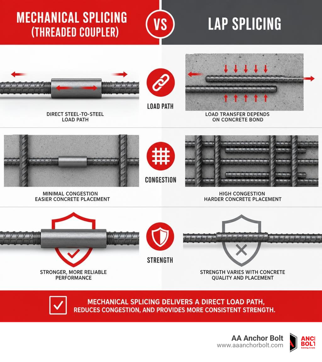 Mechanical splicing vs lap splicing comparison infographic showing load path, congestion, and strength differences Mechanical splicing vs lap splicing comparison infographic showing load path, congestion, and strength differences