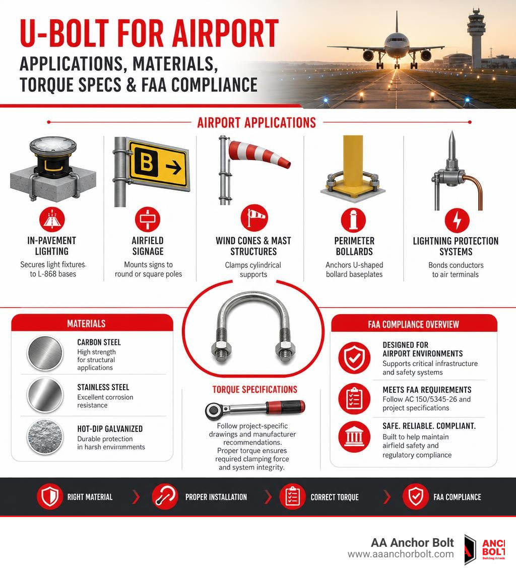 Infographic showing U-bolt airport applications, materials, torque specs, and FAA compliance overview infographic