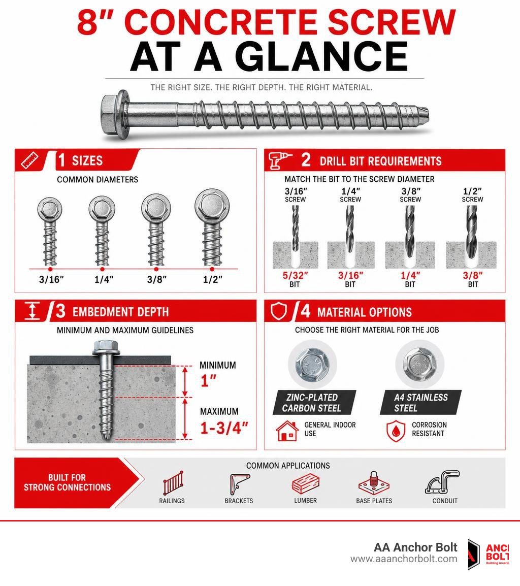 Infographic showing concrete screw sizes, drill bit requirements, embedment depths, and material options infographic