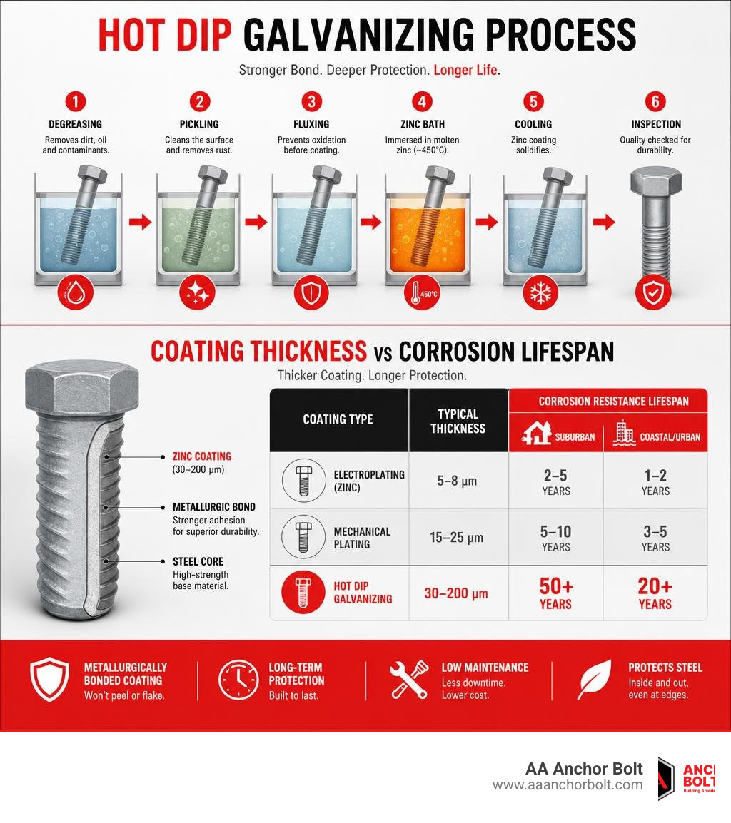 Infographic showing hot dip galvanizing process steps and coating thickness vs corrosion lifespan comparison infographic