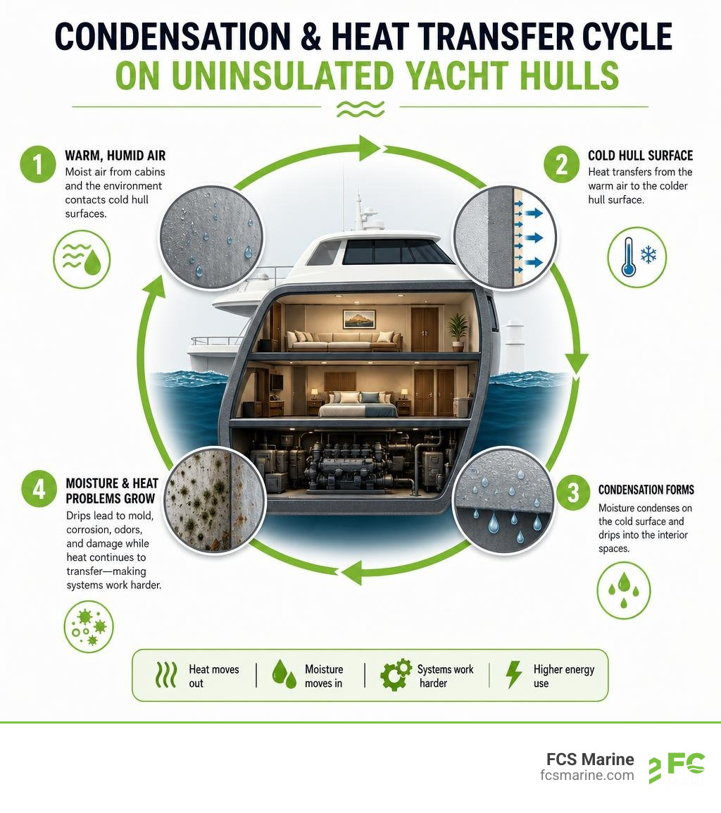 Infographic showing condensation and heat transfer cycle on uninsulated yacht hulls infographic