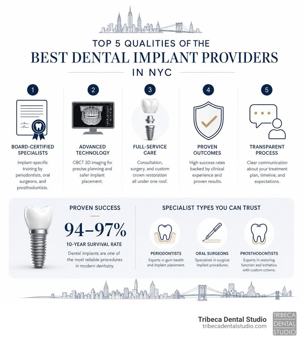 Infographic: Top 5 qualities of the best dental implant providers in NYC with success rates and specialist types infographic