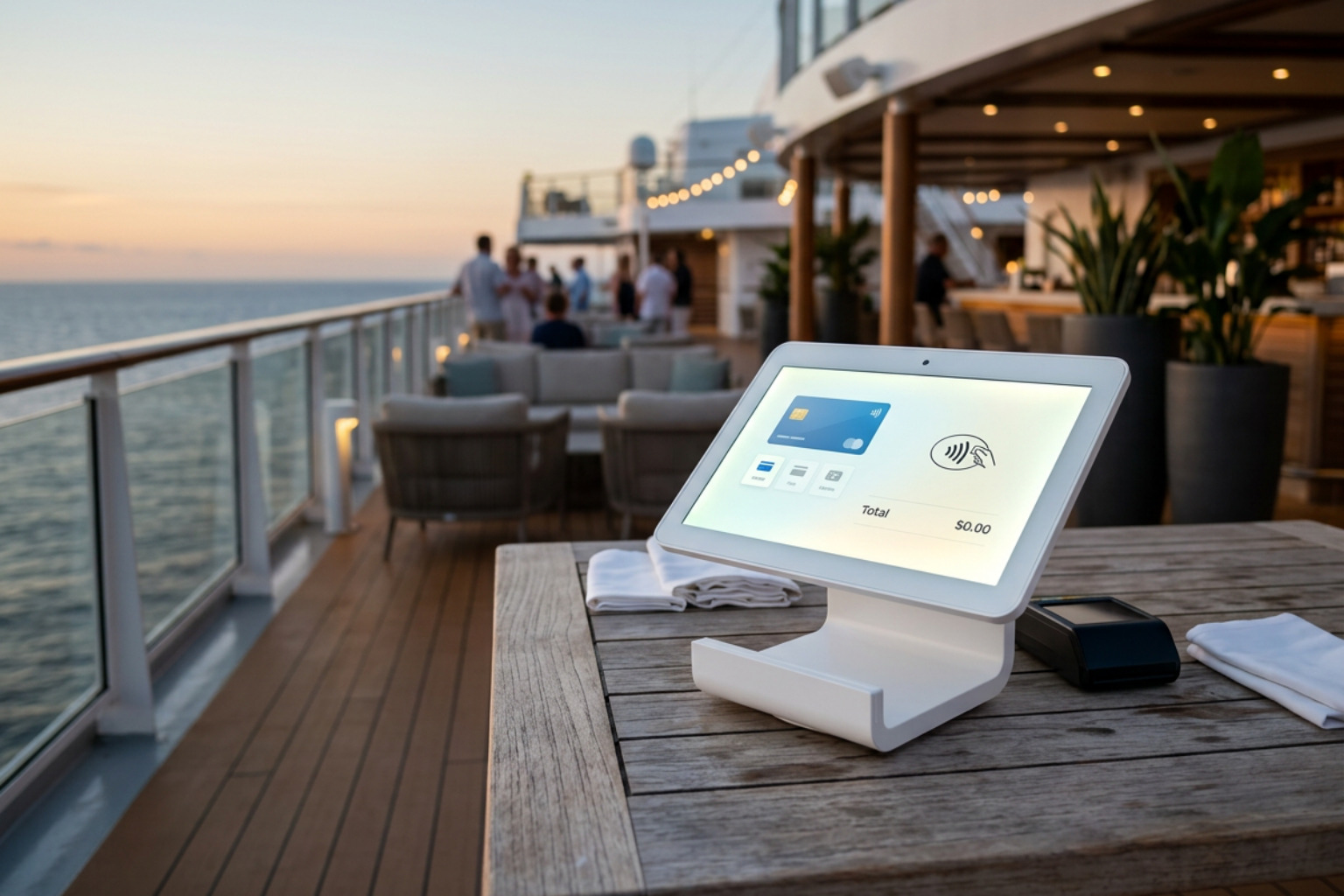 Sleek unbranded mobile POS terminal on a cruise ship deck with soft focus background Sleek unbranded mobile POS terminal on a cruise ship deck with soft focus background
