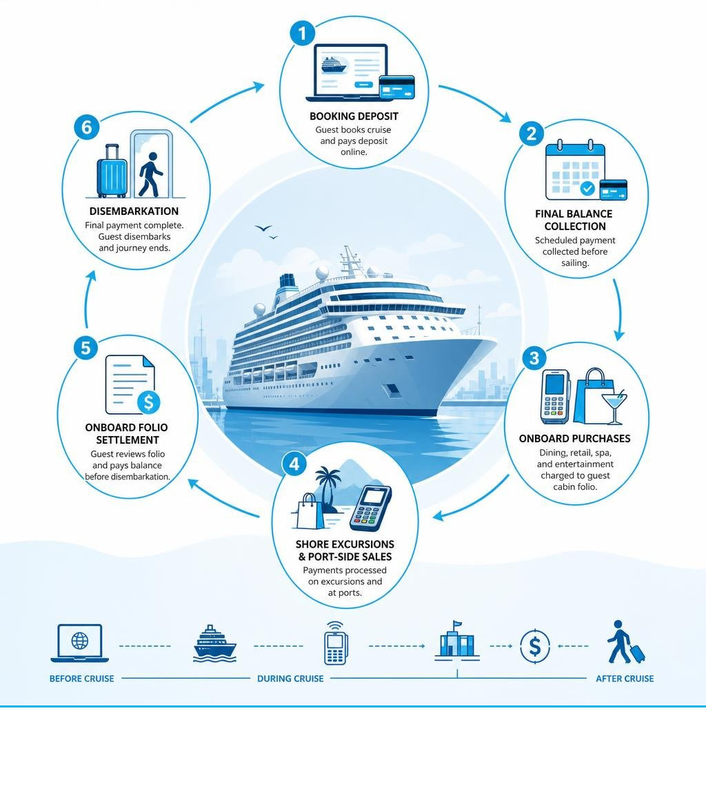 Multi-stage cruise payment lifecycle from booking deposit to onboard folio settlement and disembarkation infographic Multi-stage cruise payment lifecycle from booking deposit to onboard folio settlement and disembarkation infographic