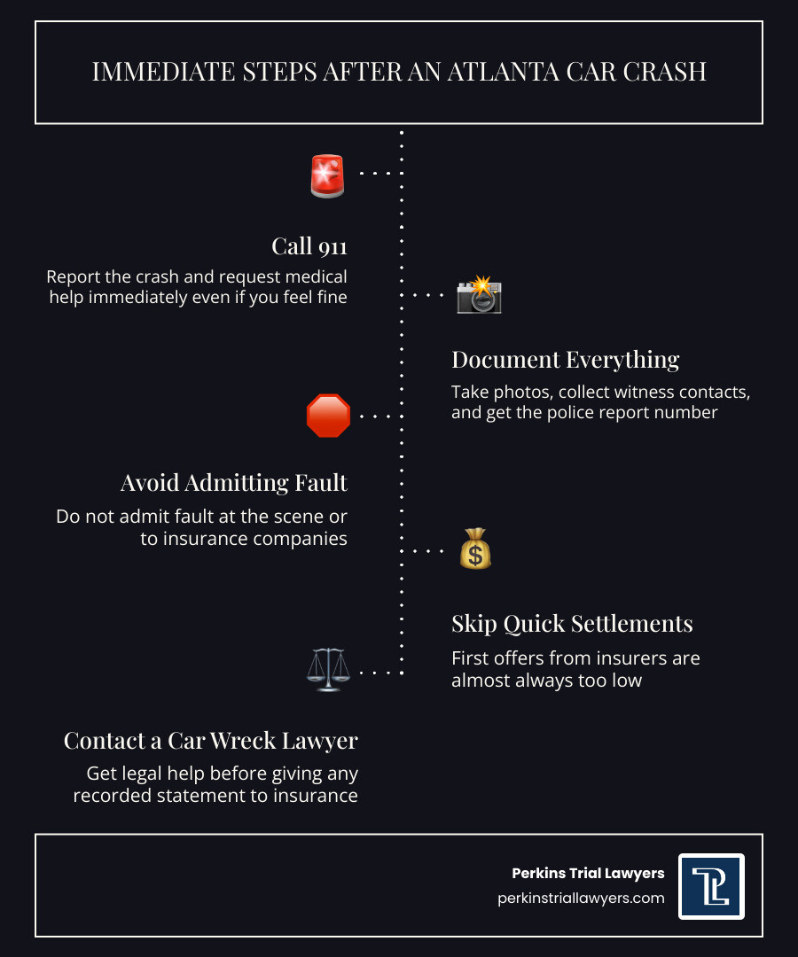 Infographic showing immediate steps to take after an Atlanta car crash and key facts about Georgia car accident law Infographic showing immediate steps to take after an Atlanta car crash and key facts about Georgia car accident law