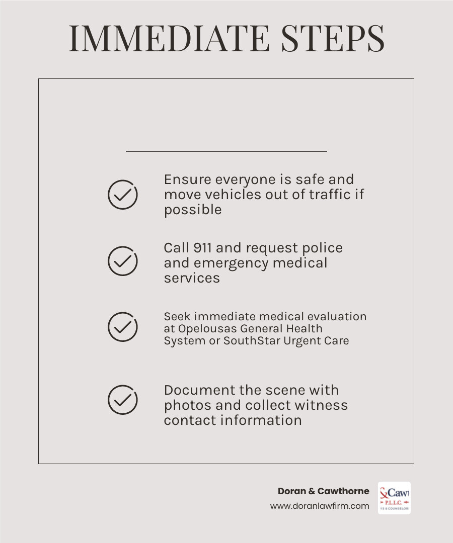 Step-by-step process infographic after an Opelousas car accident with key actions and timelines infographic Step-by-step process infographic after an Opelousas car accident with key actions and timelines infographic