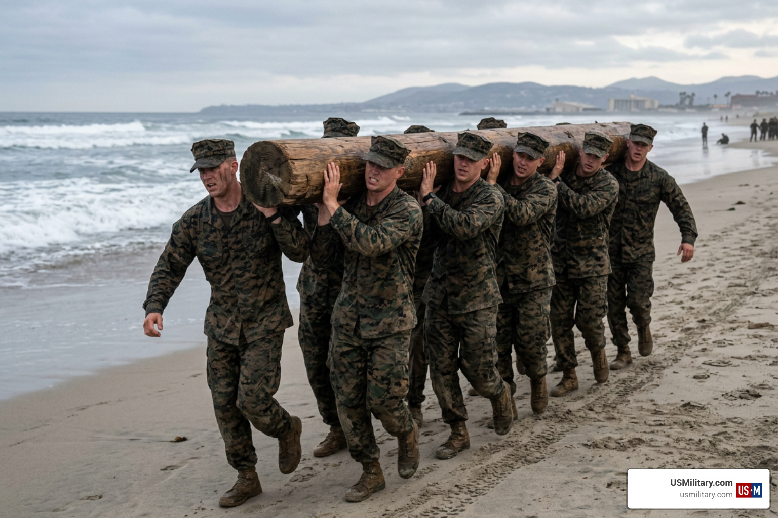 BUD/S candidates carrying logs