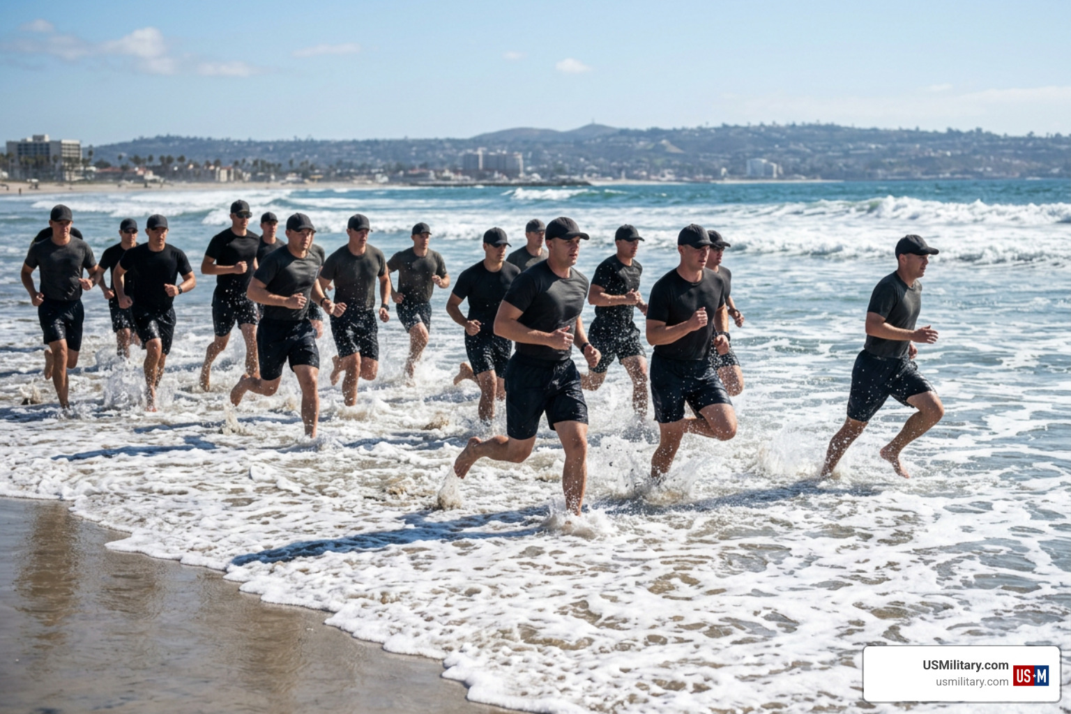 Navy SEAL candidates training in the surf at Coronado California