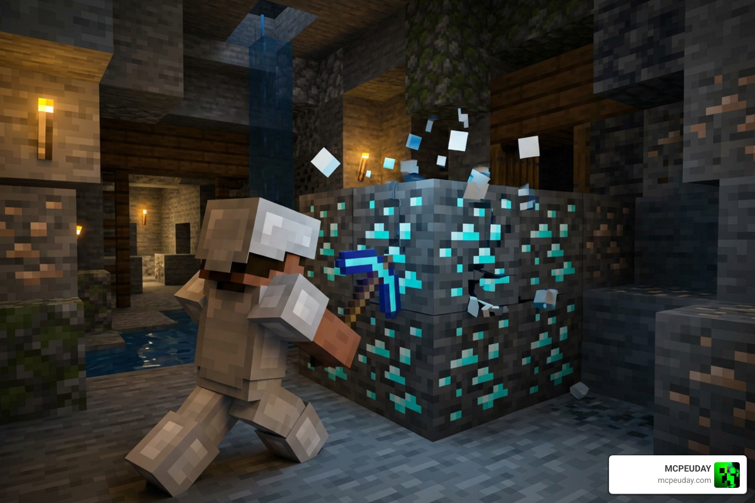 Mining ore veins with Edds VeinCapitator Addon in Bedrock Edition