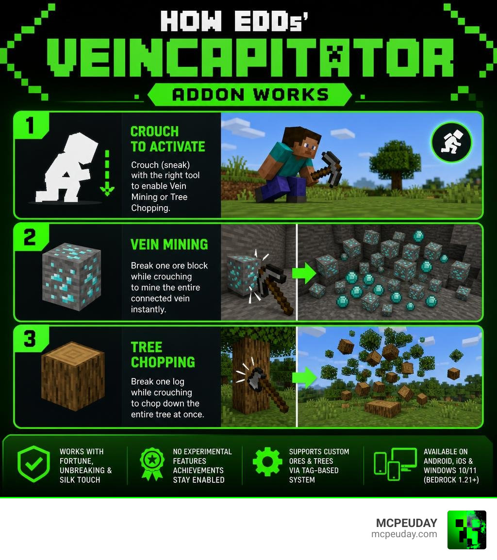 Infographic showing how Edds VeinCapitator Addon works: crouch activation, vein mining, tree chopping steps infographic