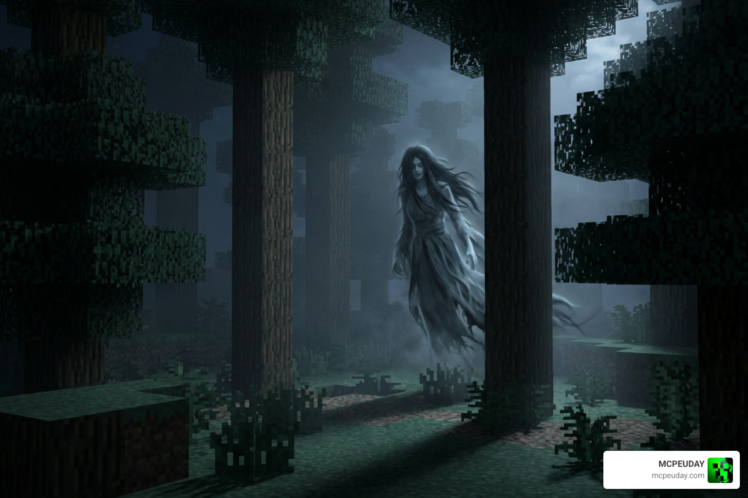 Maternal Wraith monster lurking in the dark woods of Minecraft Bedrock