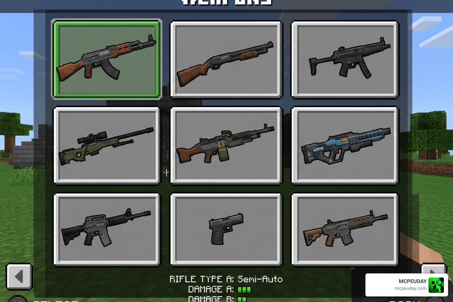 Weapon selection screen showcasing 3D guns in Minecraft Bedrock Edition