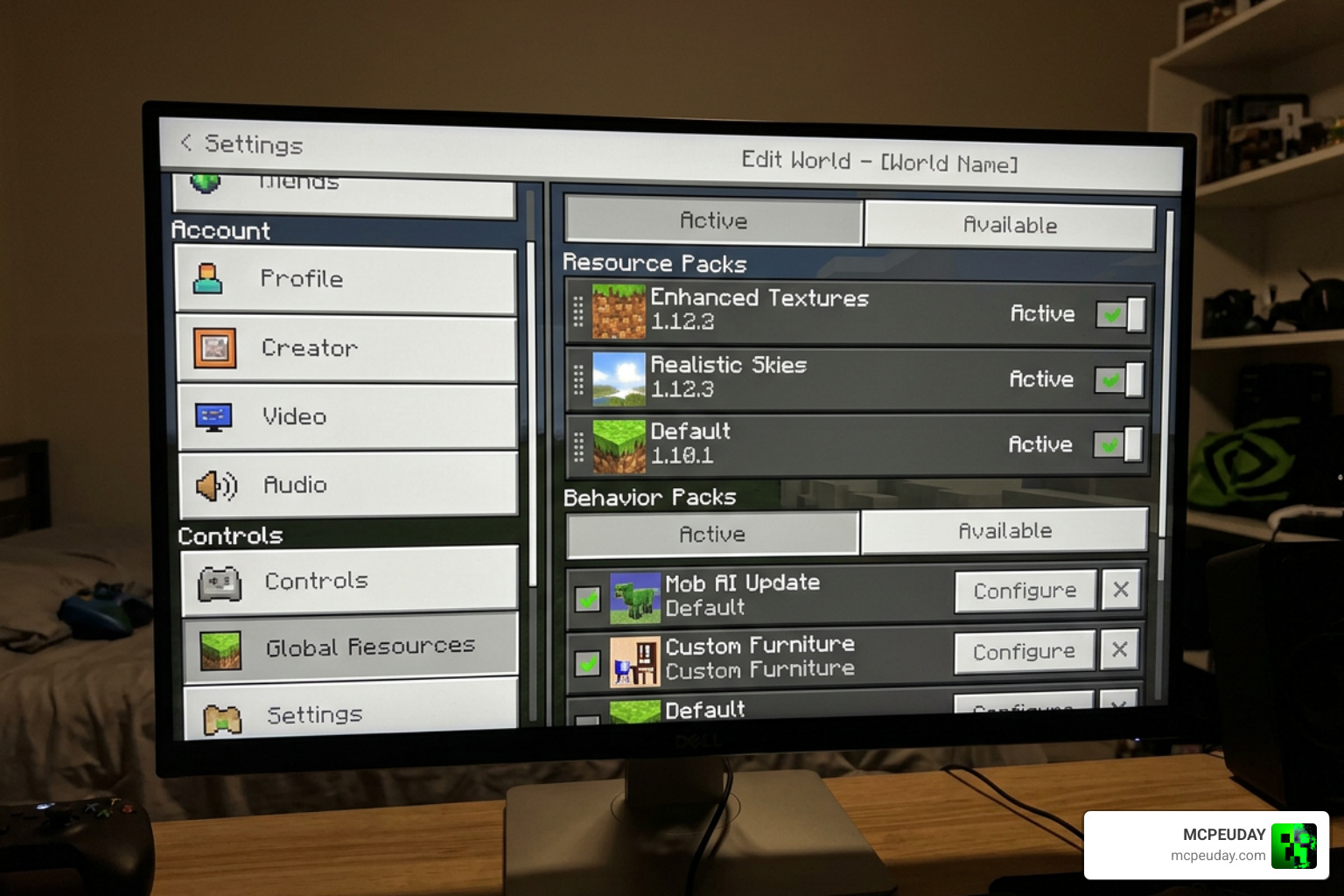 World settings menu enabling resource and behavior packs