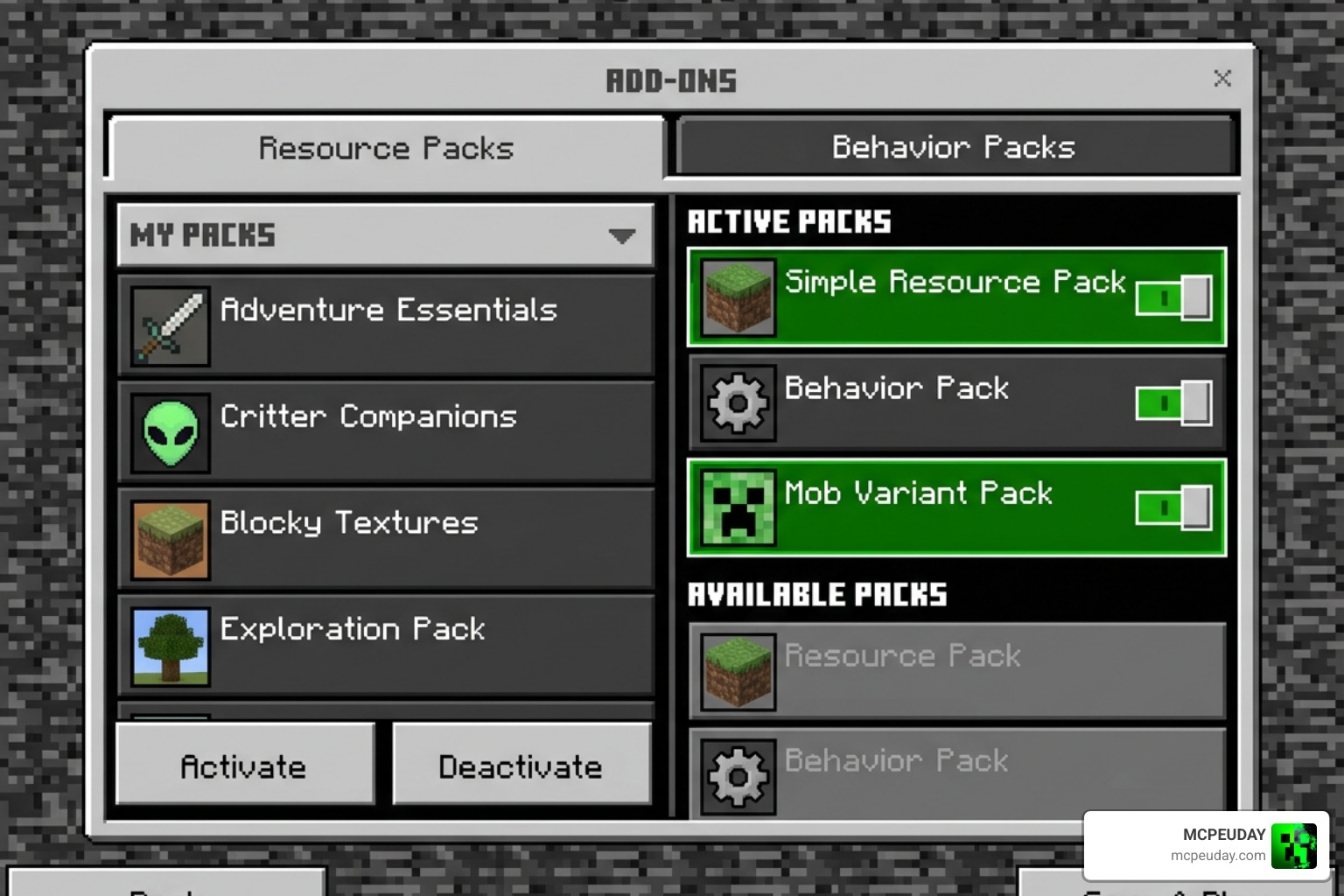 Minecraft Bedrock active behavior and resource packs settings screen