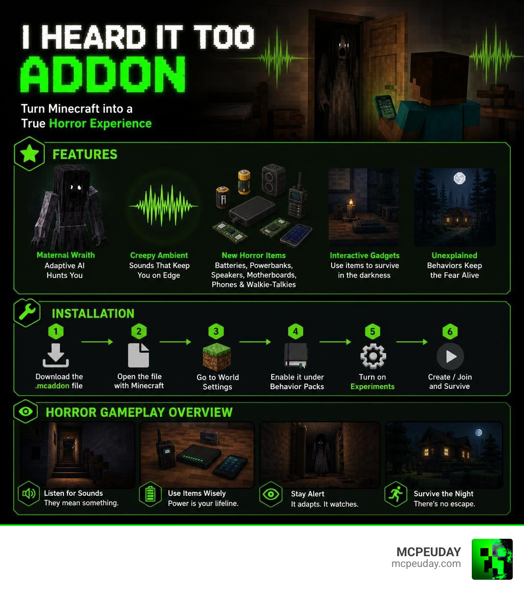 Infographic showing I heard it too Addon features, installation steps, and horror gameplay overview infographic
