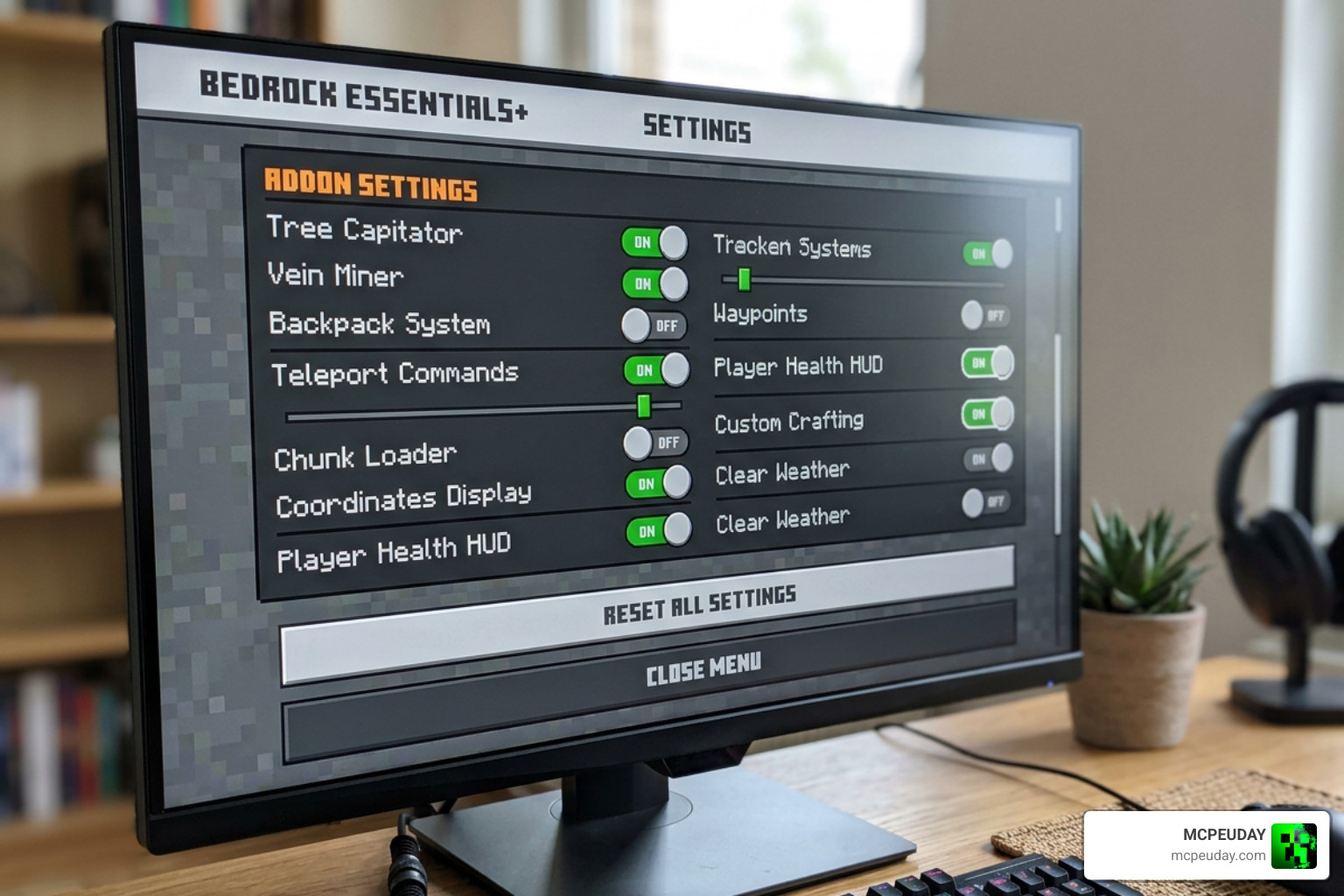 Bedrock Essentials+ configuration menu interface showing toggle sliders