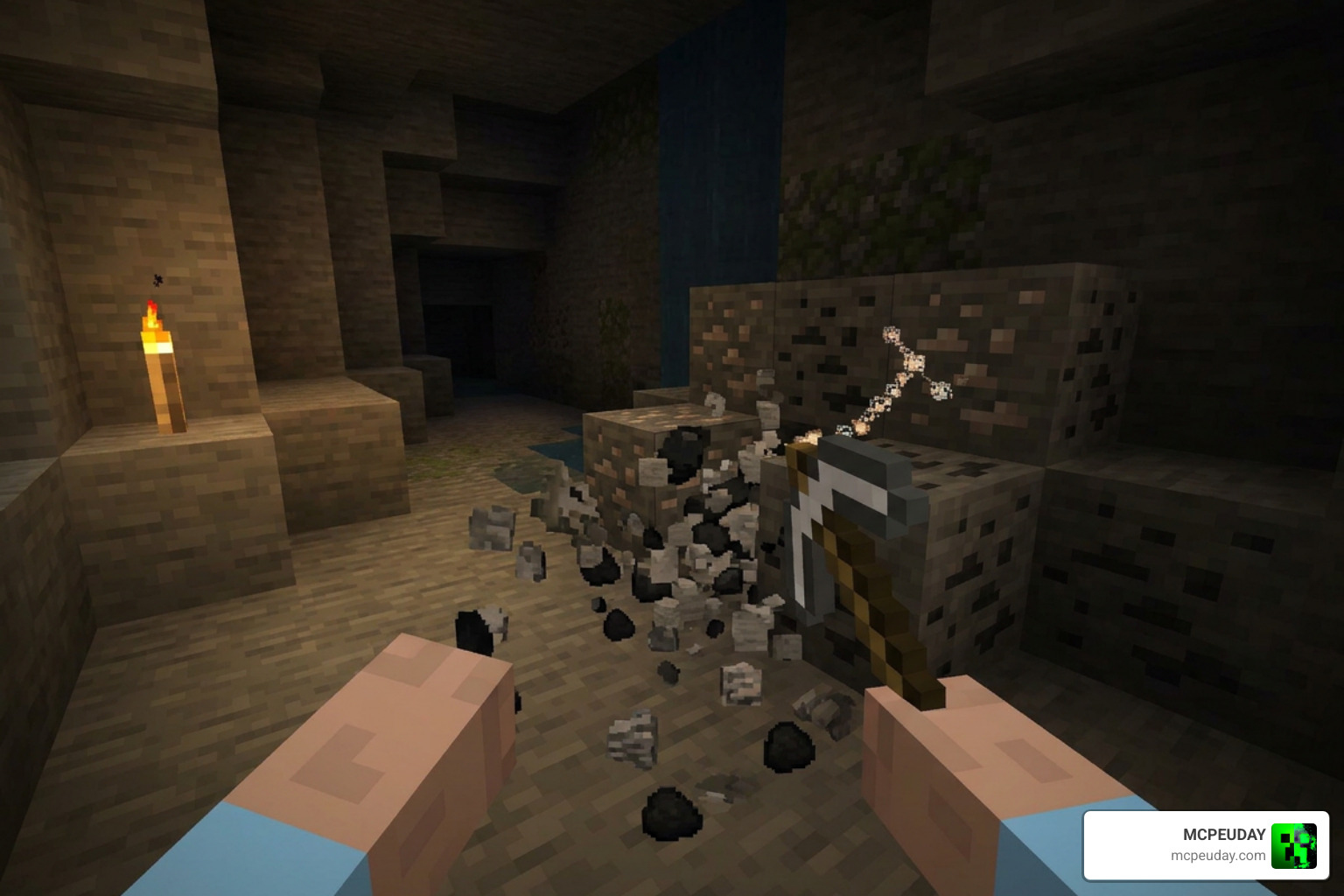 Vein Miner in action in a Minecraft cave breaking multiple ore blocks