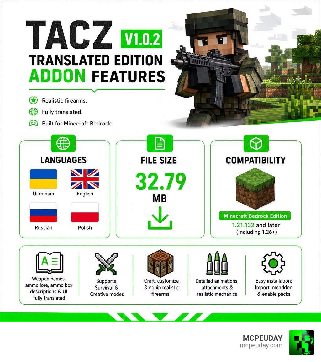 TACZ mod V1.0.2 Translated Edition Addon features infographic with languages, file size, and compatibility infographic