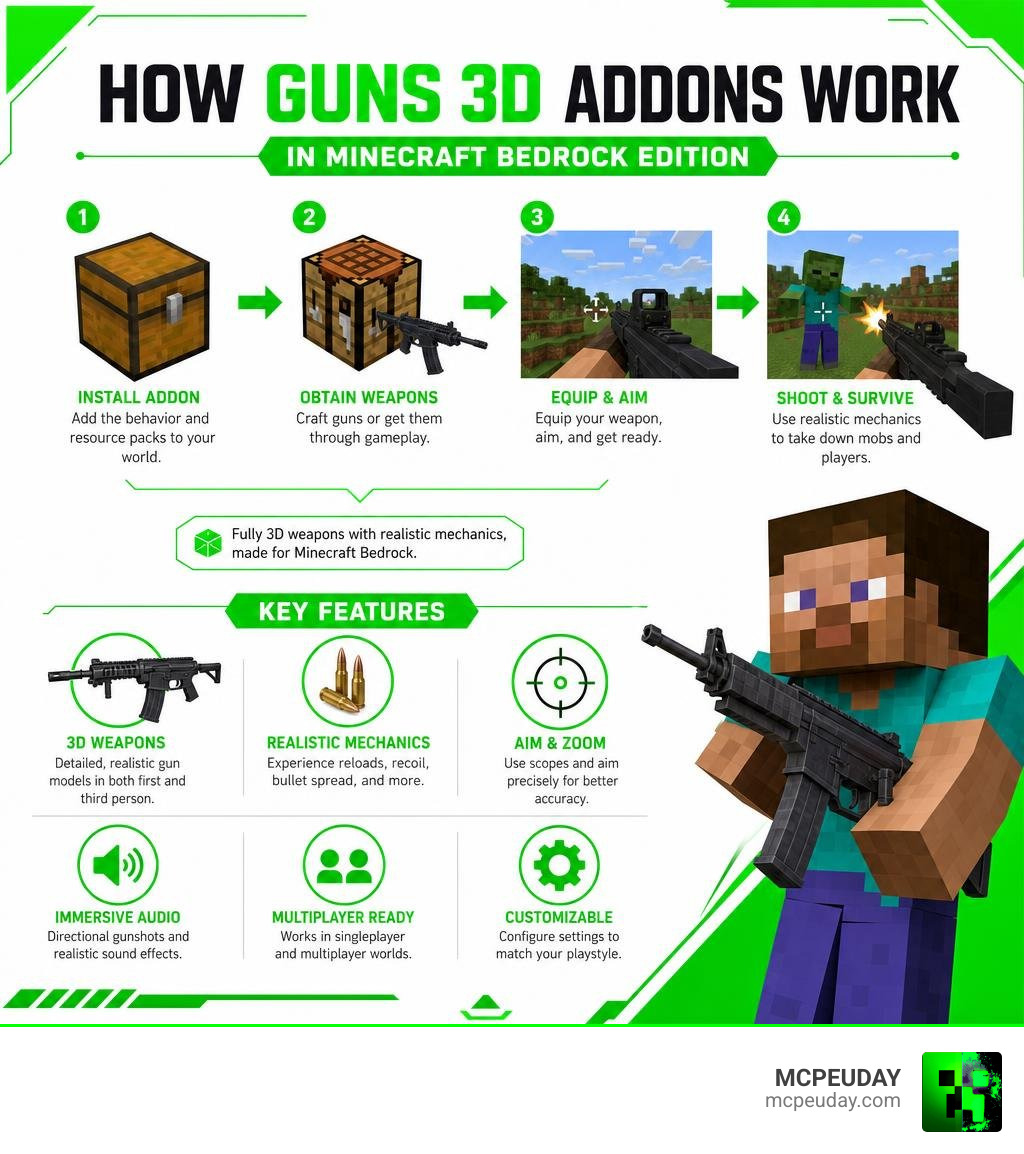 Infographic showing how GUNS 3D Addons work in Minecraft Bedrock Edition with key features infographic