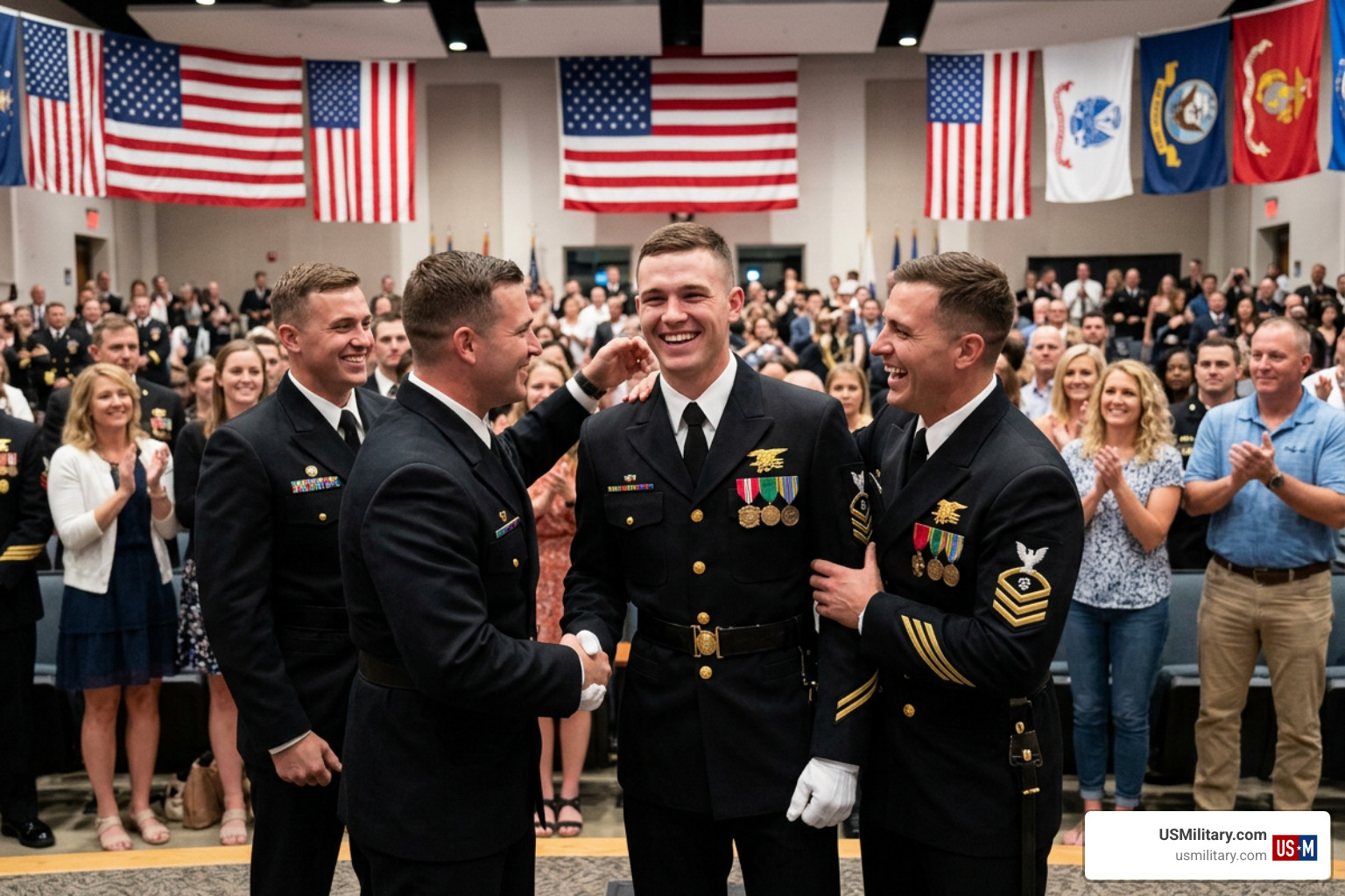 Newly pinned Navy SEALs celebrating at SQT graduation ceremony