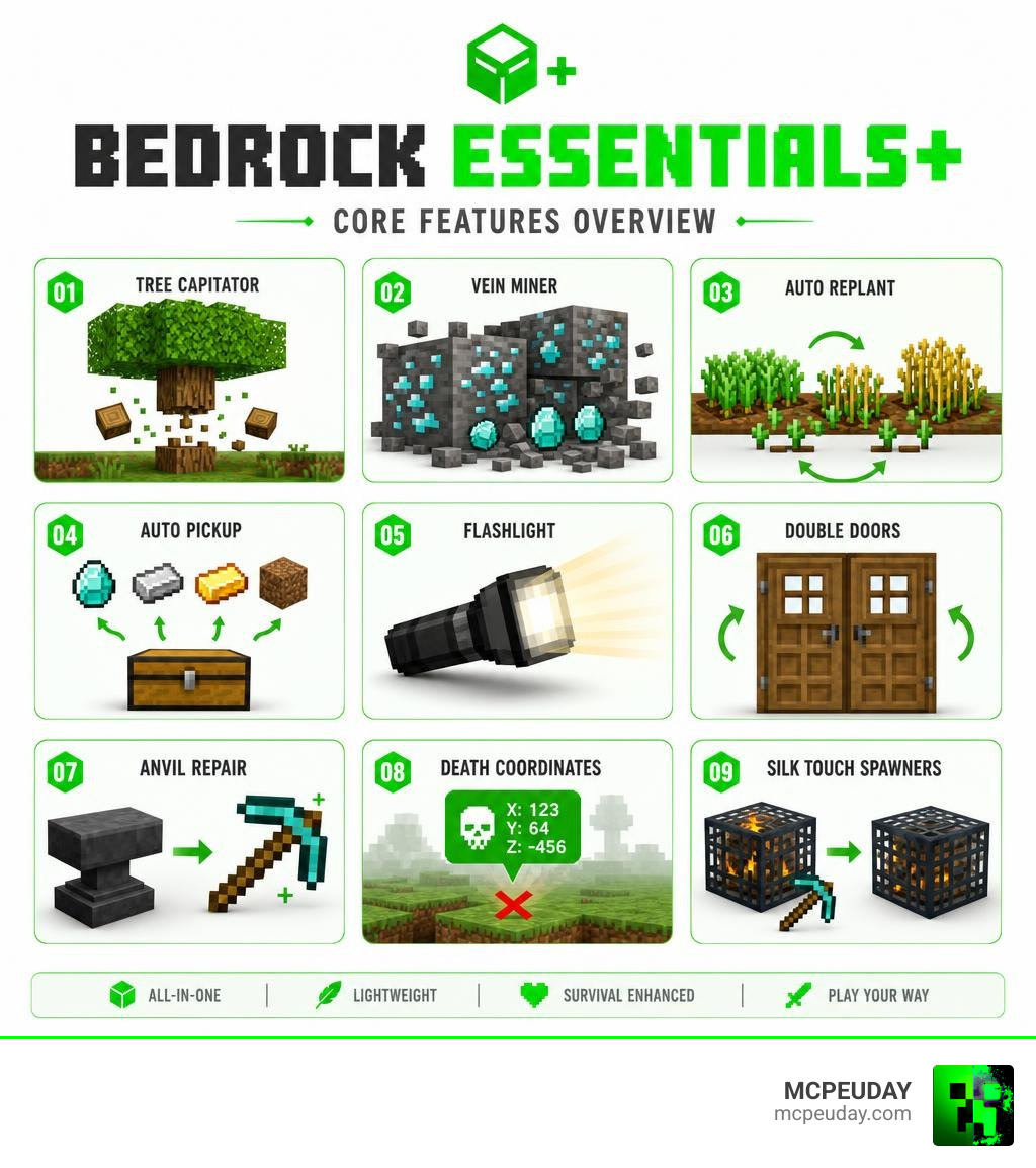 Bedrock Essentials+ core features overview infographic with all modules listed infographic